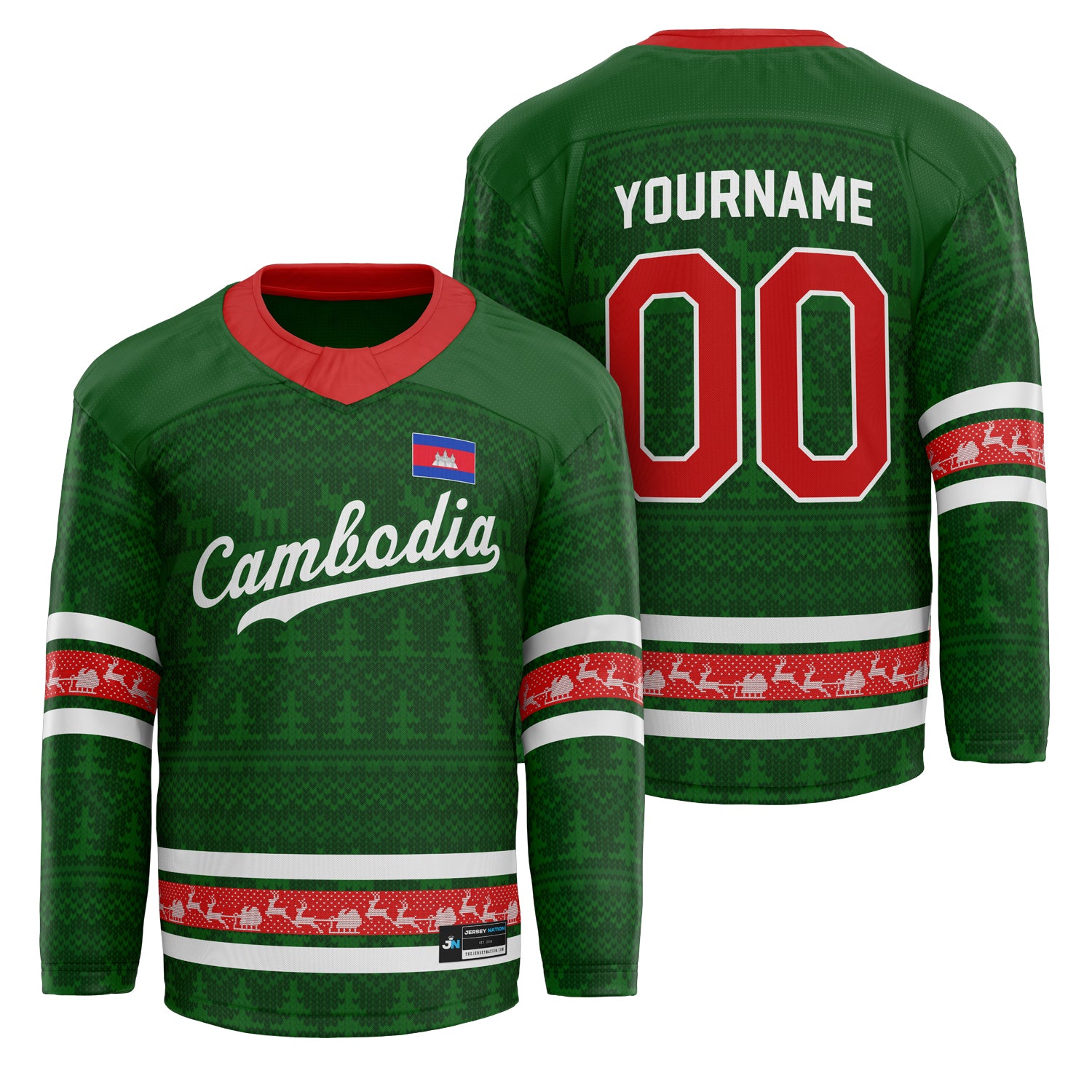 Cambodia Green Christmas Custom Hockey Jersey Personalized Family Outfit Holidays