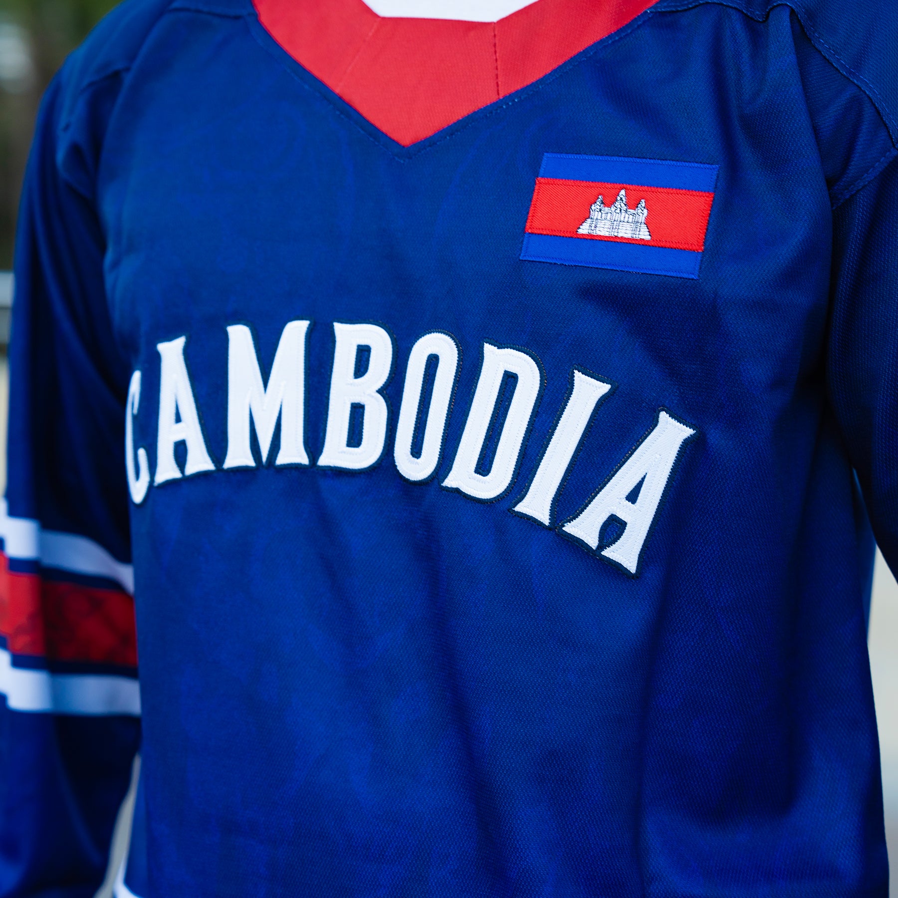 Cambodia Heritage Blue Custom Hockey Jersey Closeup