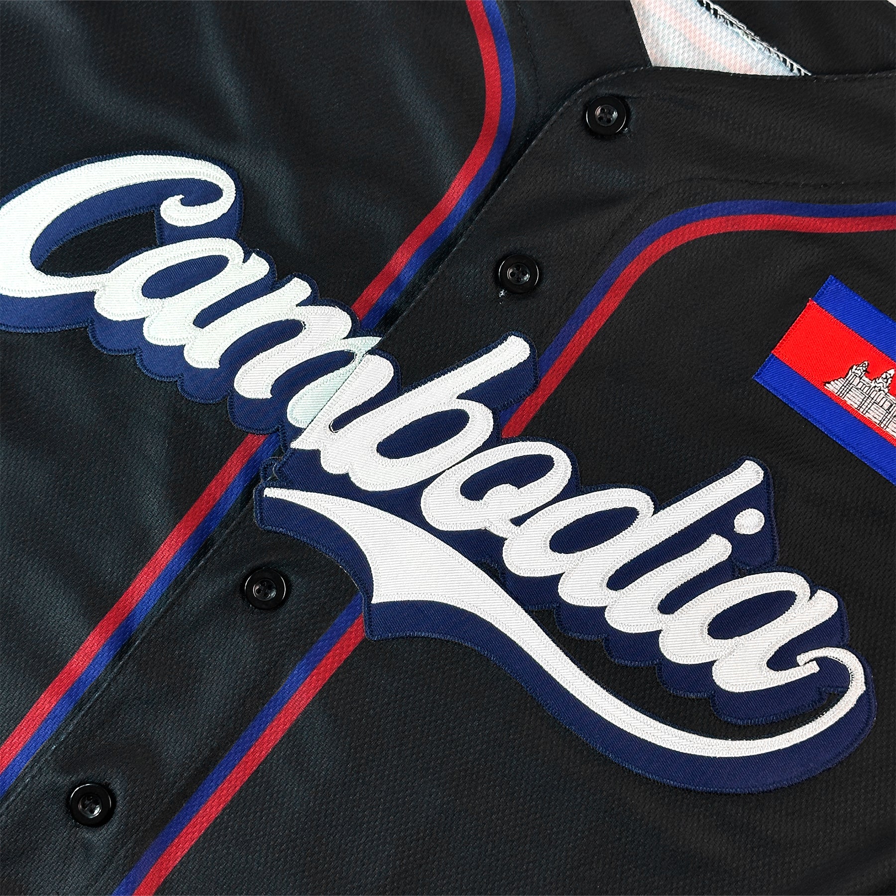 Cambodia Heritage Custom Black Baseball Jersey Closeup