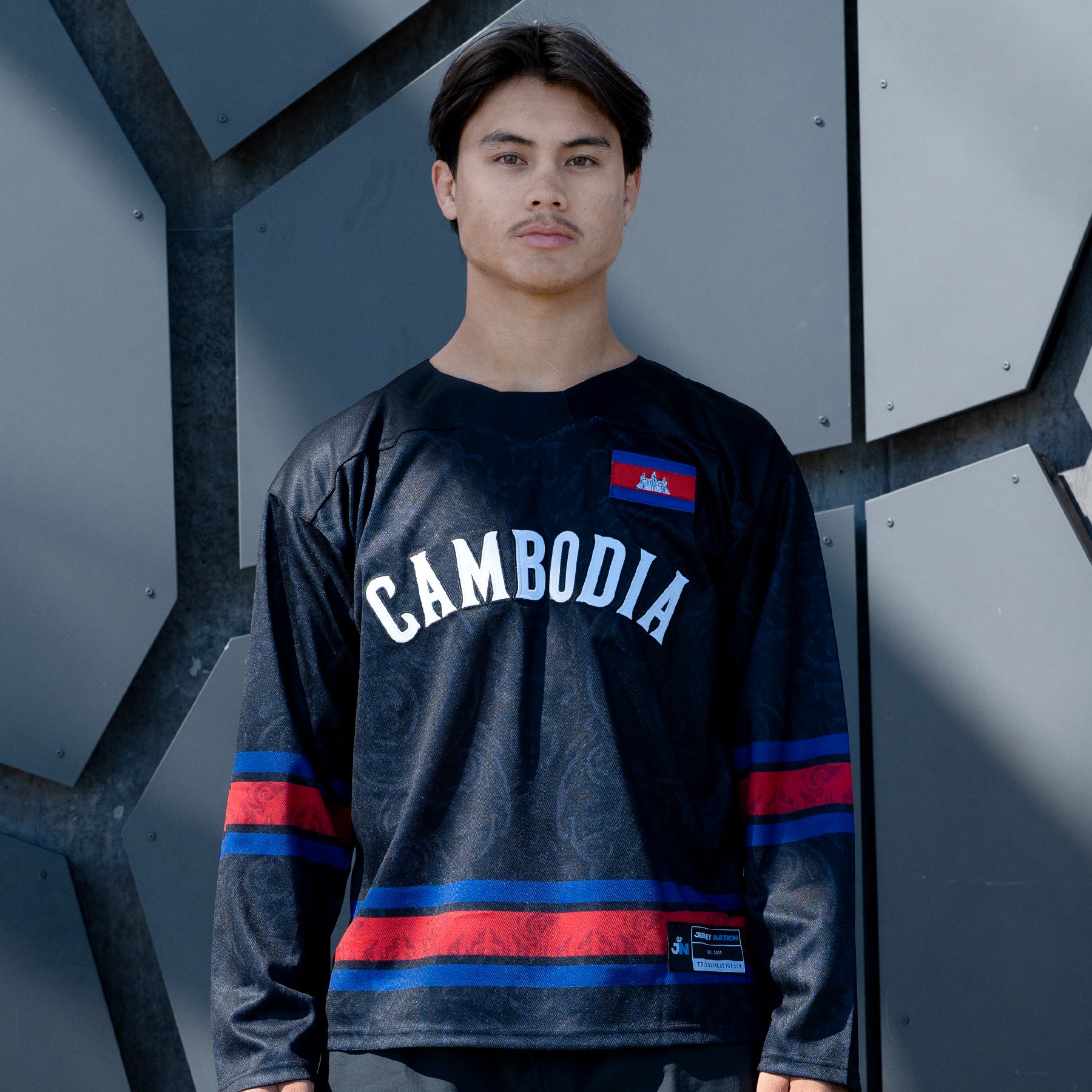 Cambodia Heritage Custom Black Hockey Jersey Embroidered Closeup Model