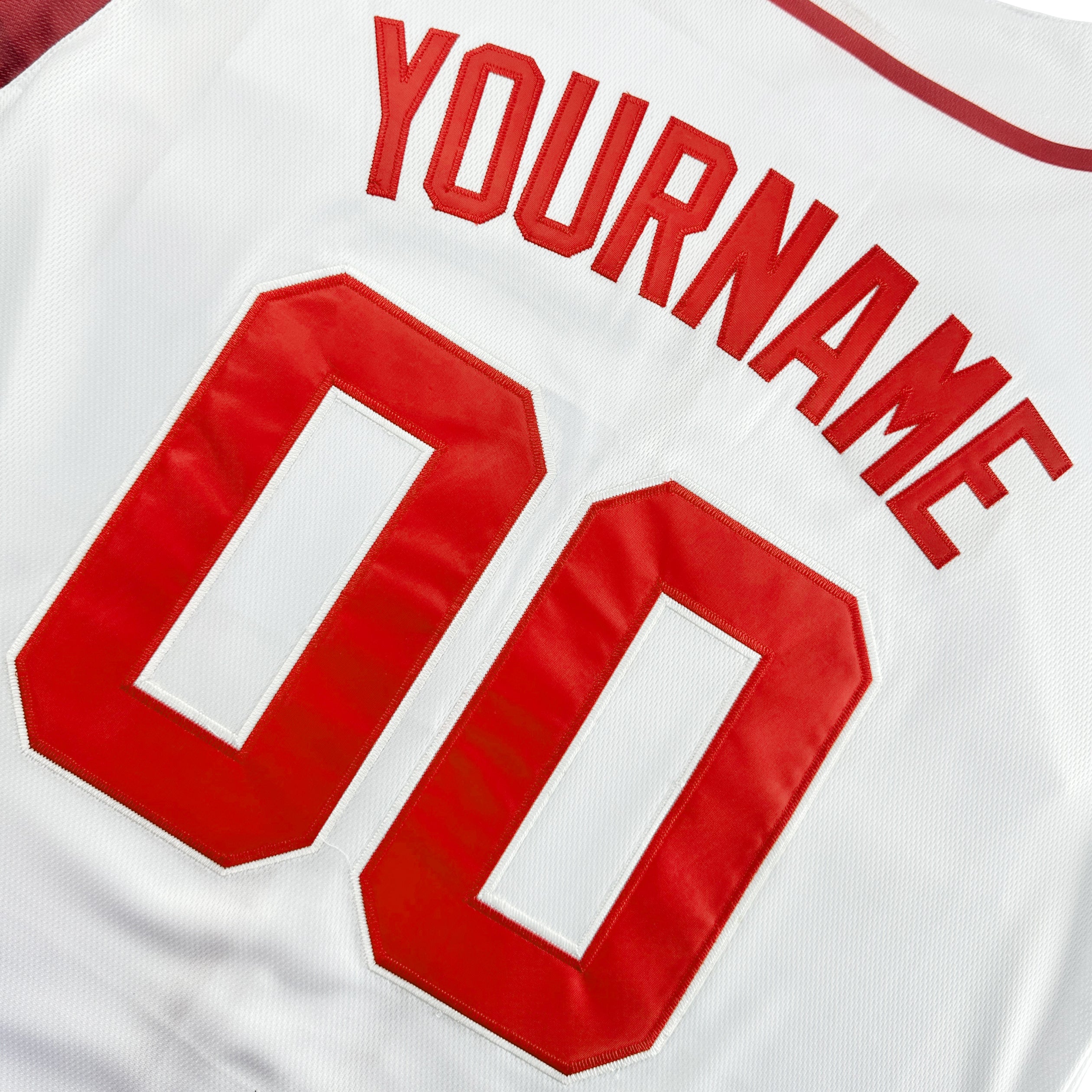 Canada Heritage Custom White Baseball Jersey Closeup Embroidered Back Customized