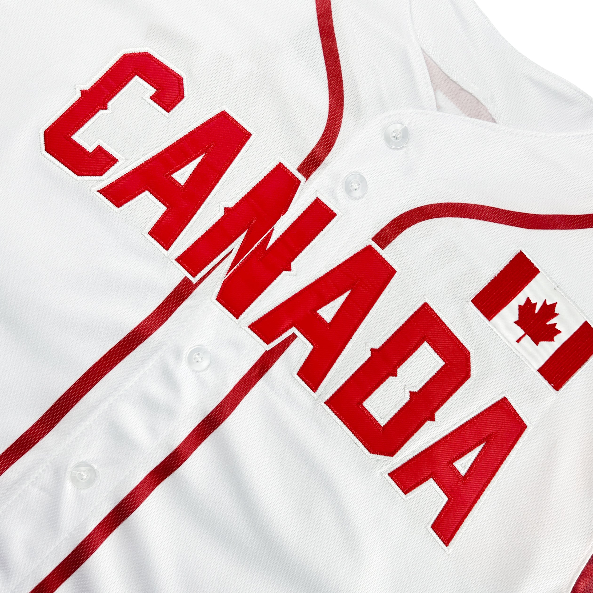 Canada Heritage Custom White Baseball Jersey Closeup Embroidered Front