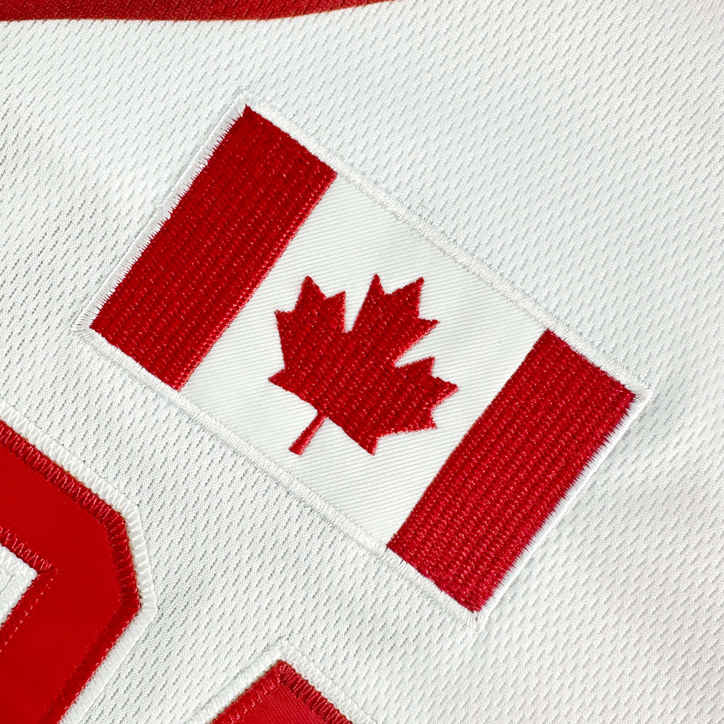 Canada Heritage Custom White Baseball Jersey Closeup Stitched Flag