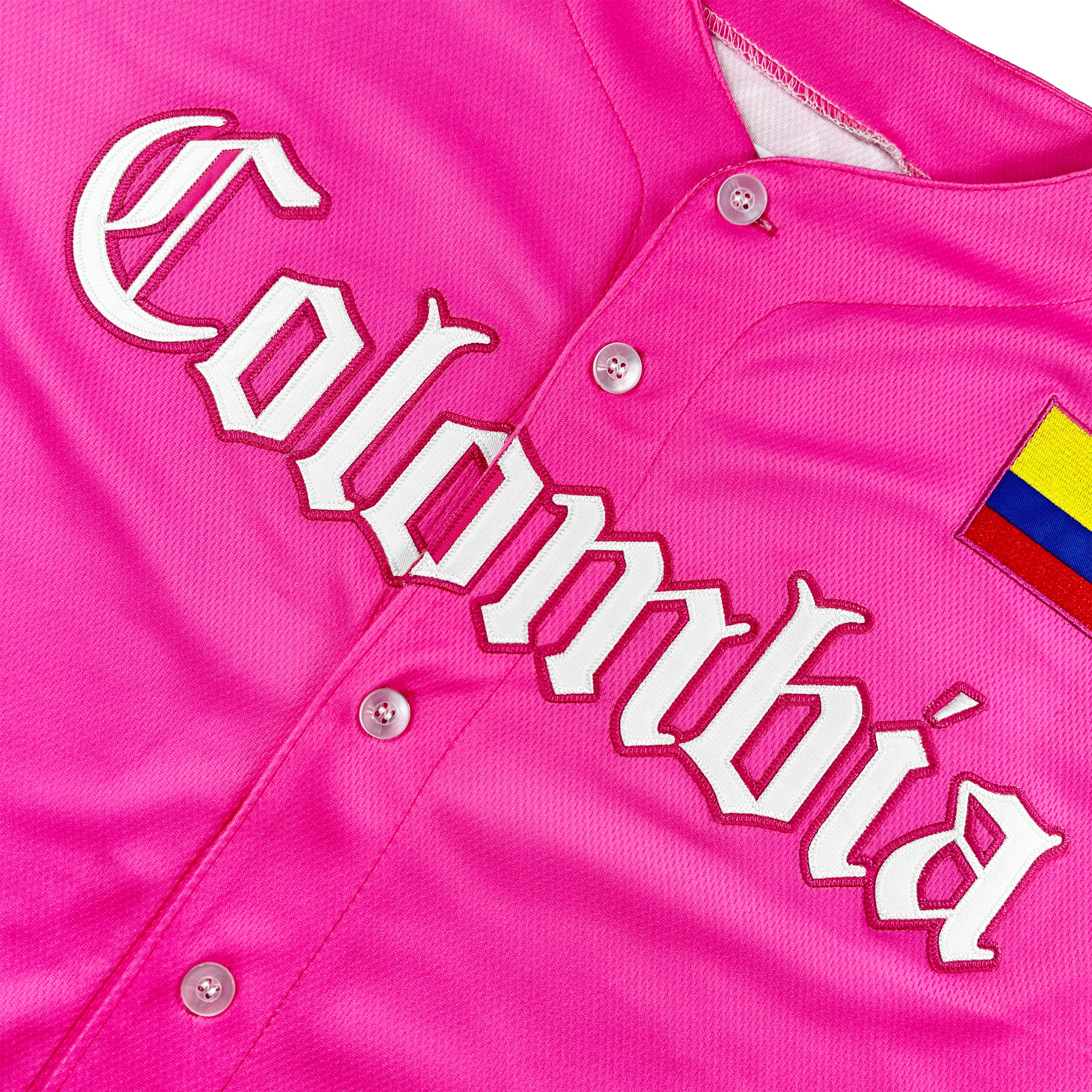 Colombia Heritage Custom Pink Baseball Jersey Closeup Embroidered Front