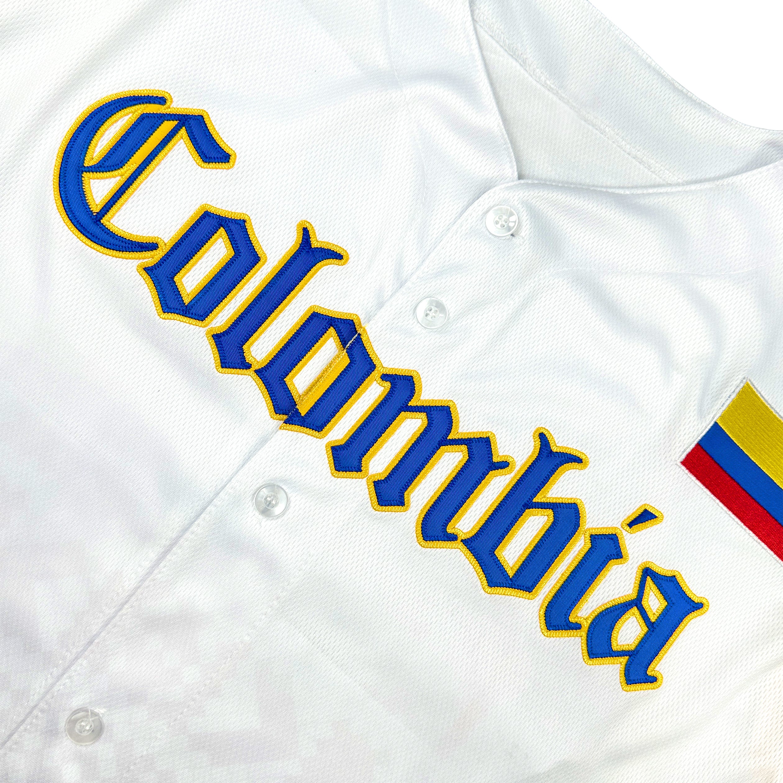 Colombia Heritage Custom White Baseball Jersey Model Closeup Embroidered Closeup Front