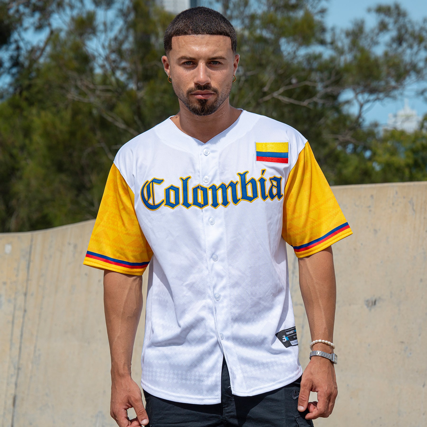 Colombia Heritage Custom White Baseball Jersey Model Closeup Styling