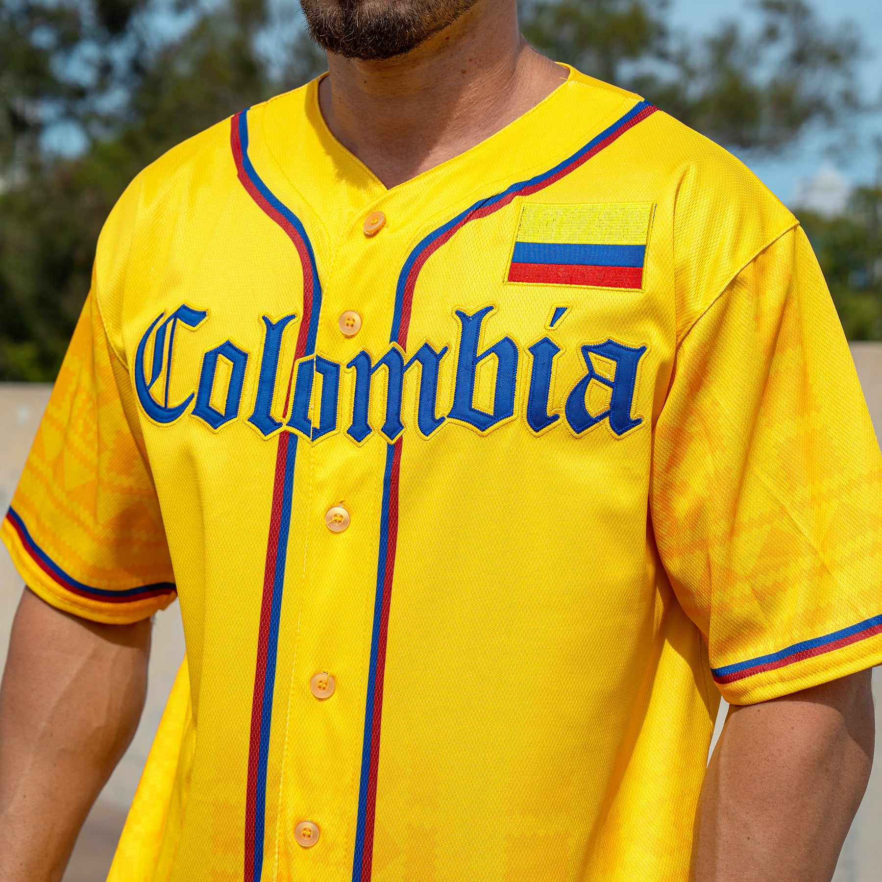 Colombia Heritage Custom Yellow Baseball Jersey Model Closeup Embroidered
