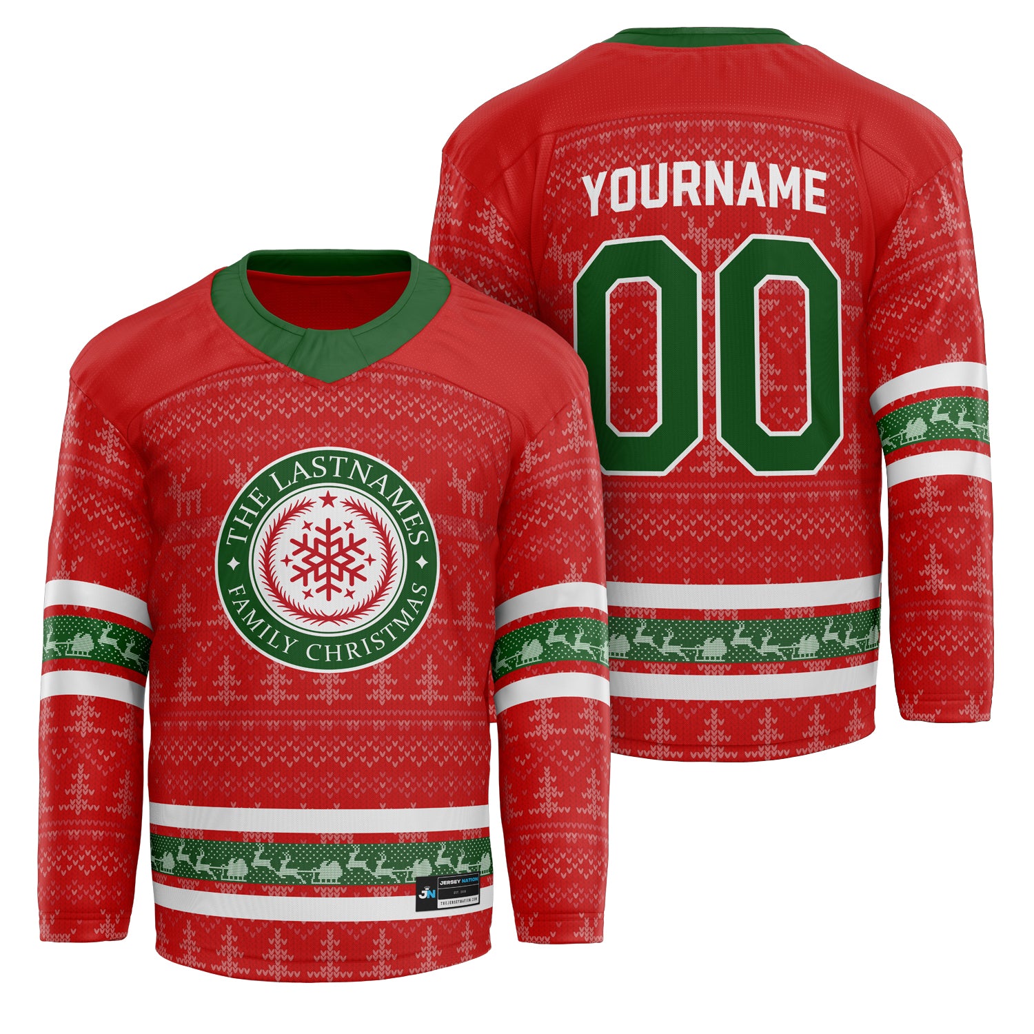 Custom Family Christmas Sweater in red personalized last name on front, custom name and number on back. holiday matching outfit Hockey Jersey Ugly Christmas Sweater
