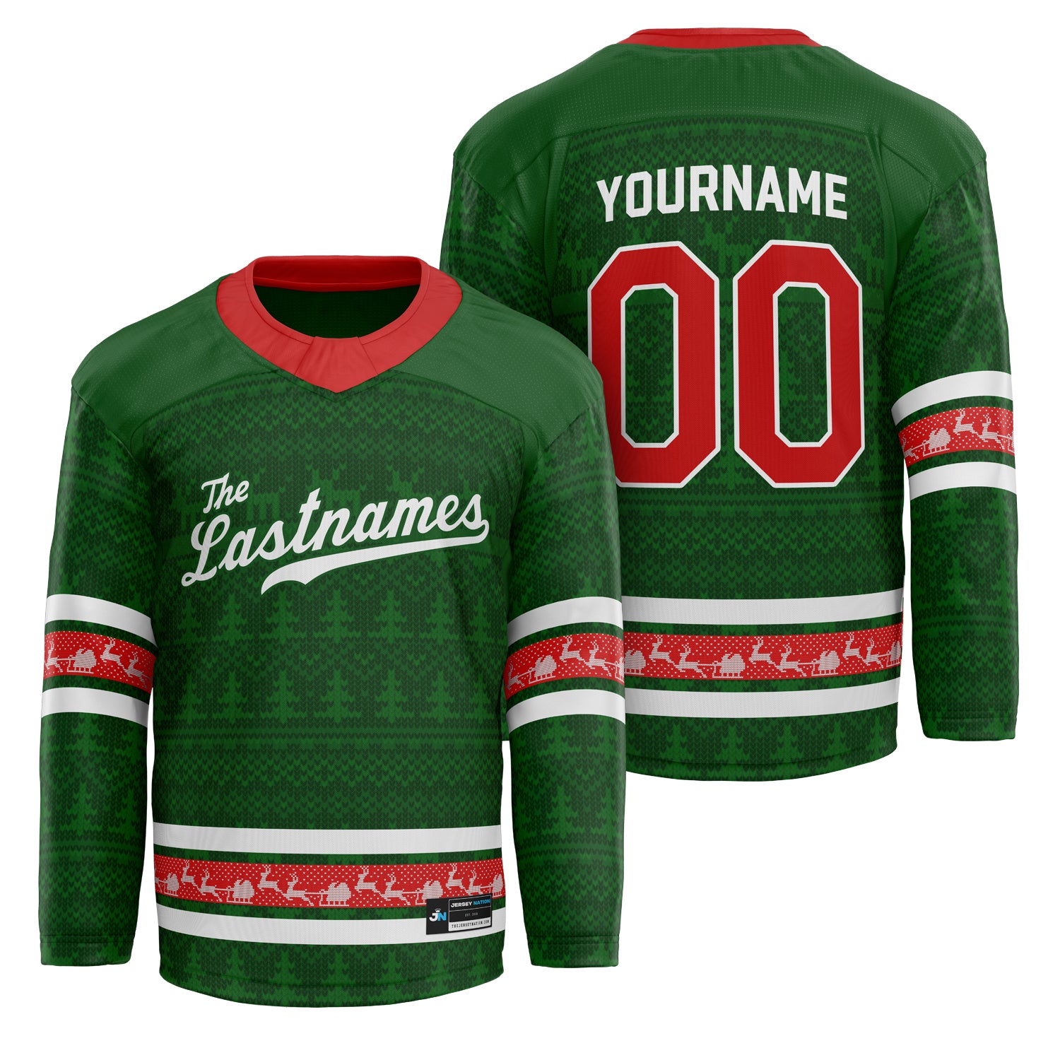 Customized Family Christmas Hockey Jersey in Green personalized last name on front, custom name and number on back. holiday matching outfit