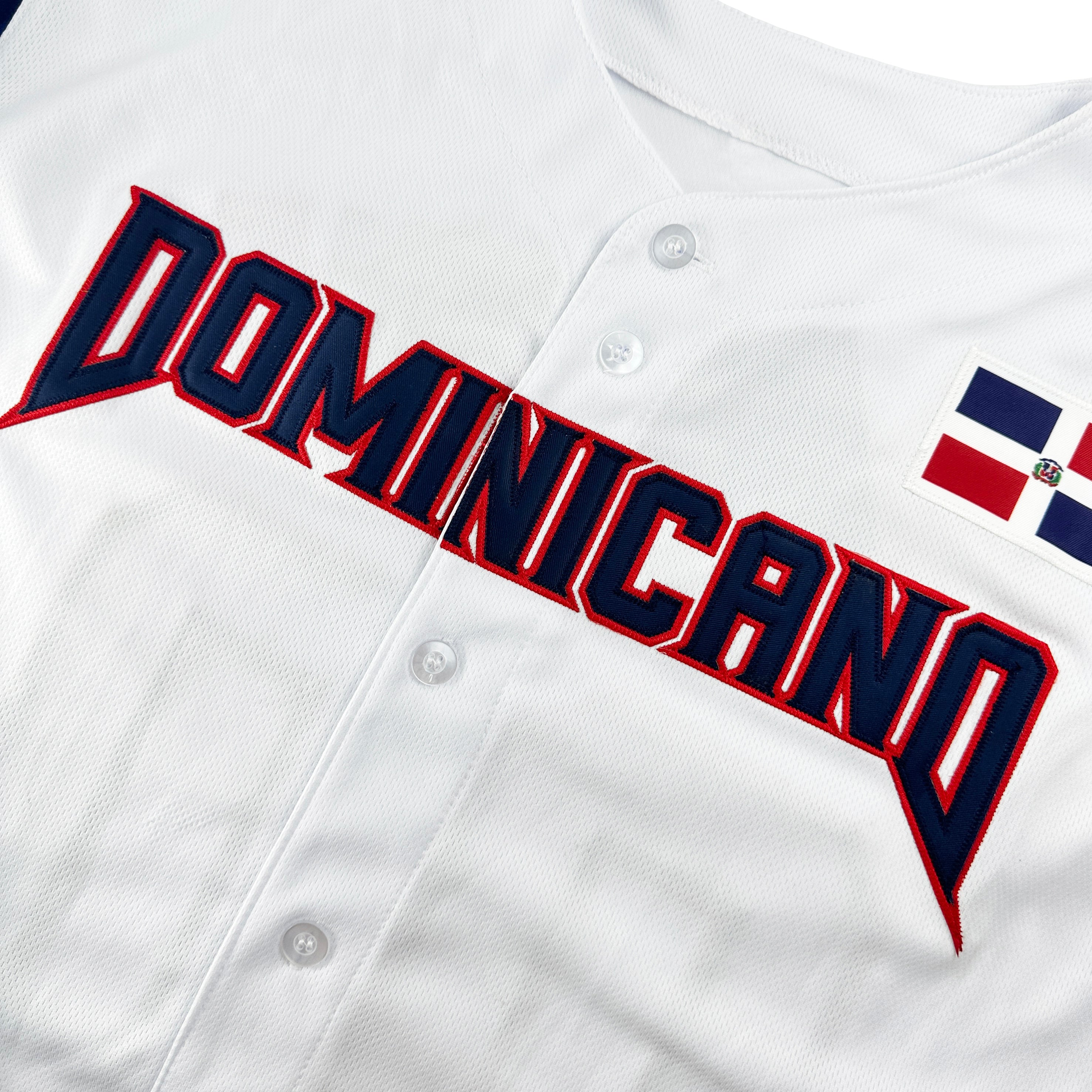 Dominican Republic White Heritage Custom Baseball Jersey Dominicano Closeup Embroidered Front