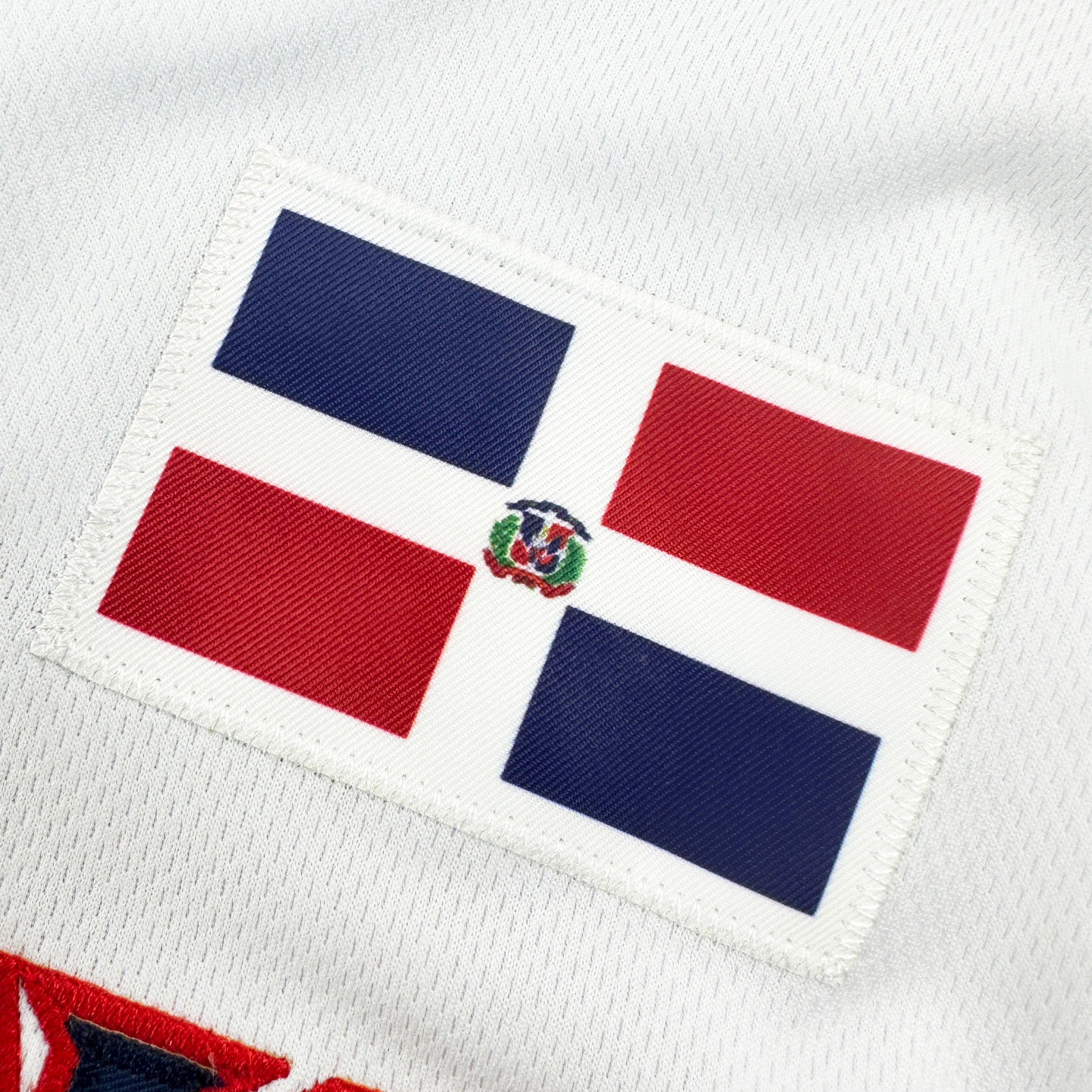 Dominican Republic White Heritage Custom Baseball Jersey Dominicano Closeup Stitched Flag