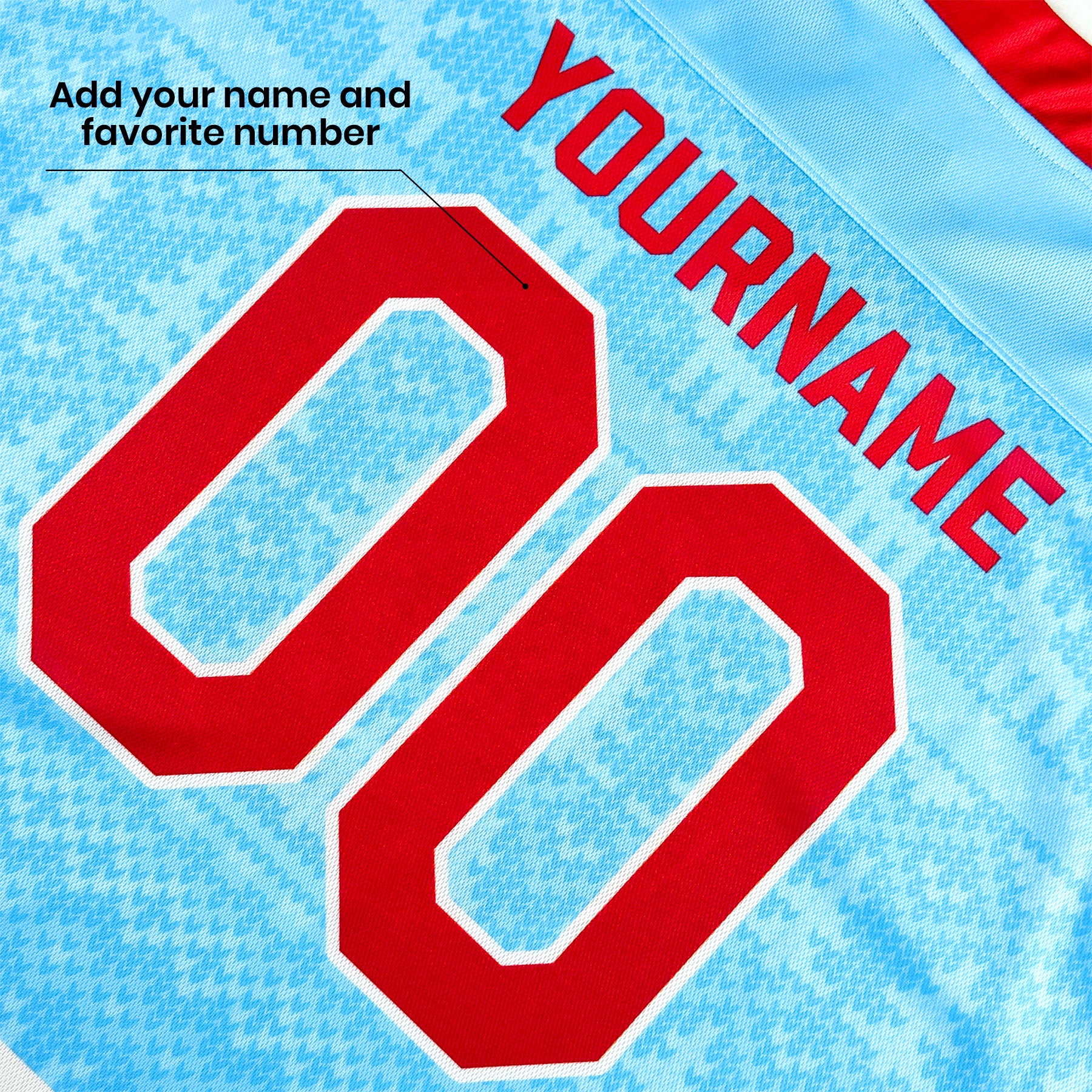 Family Christmas Custom Hockey Jersey Sweater Personalized Baby Blue Closeup Back Customized