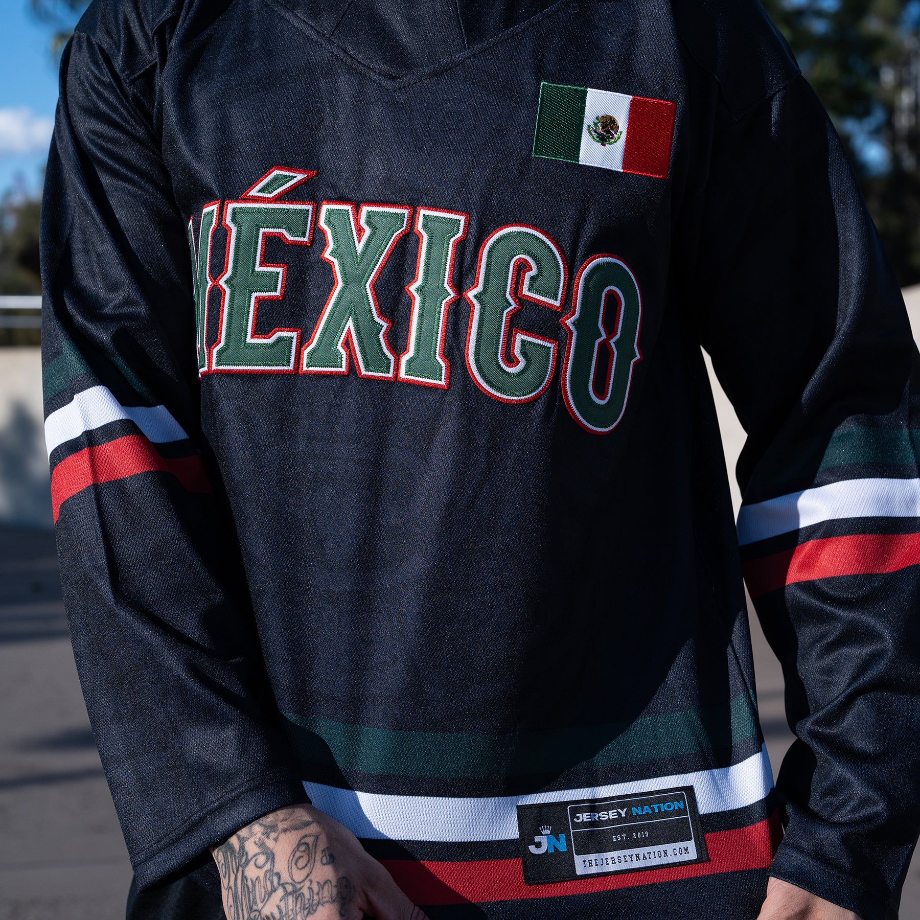 Mexico Heritage Black Custom Hockey Jersey Closeup