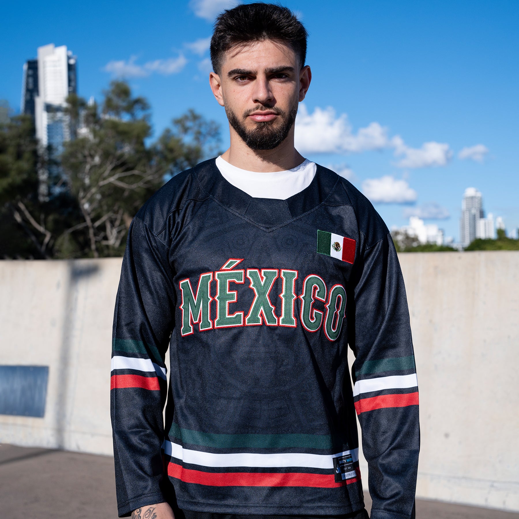 Mexico Heritage Black Custom Hockey Jersey Closeup Front