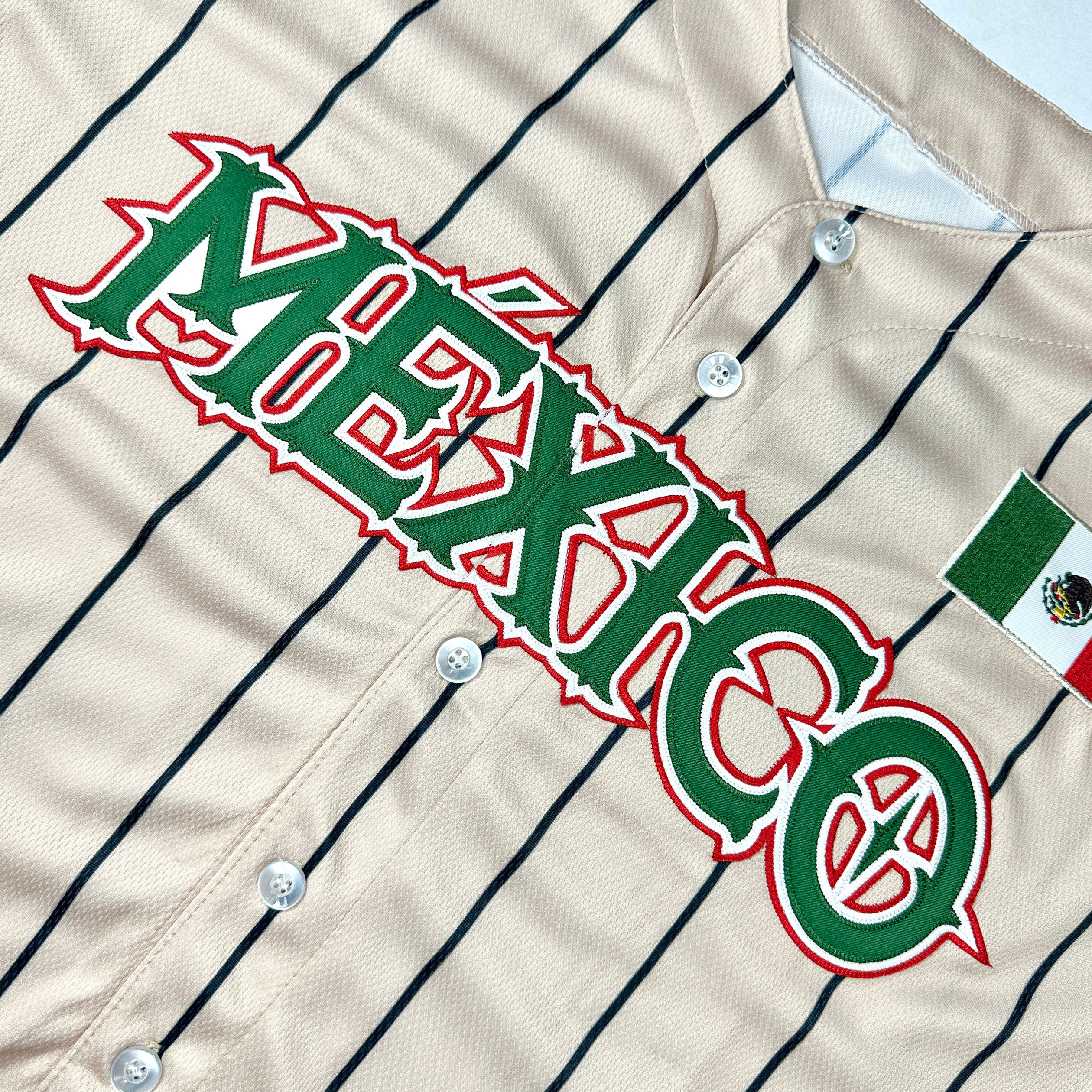 Mexico Heritage Custom Beige Baseball Jersey Stitched Closeup