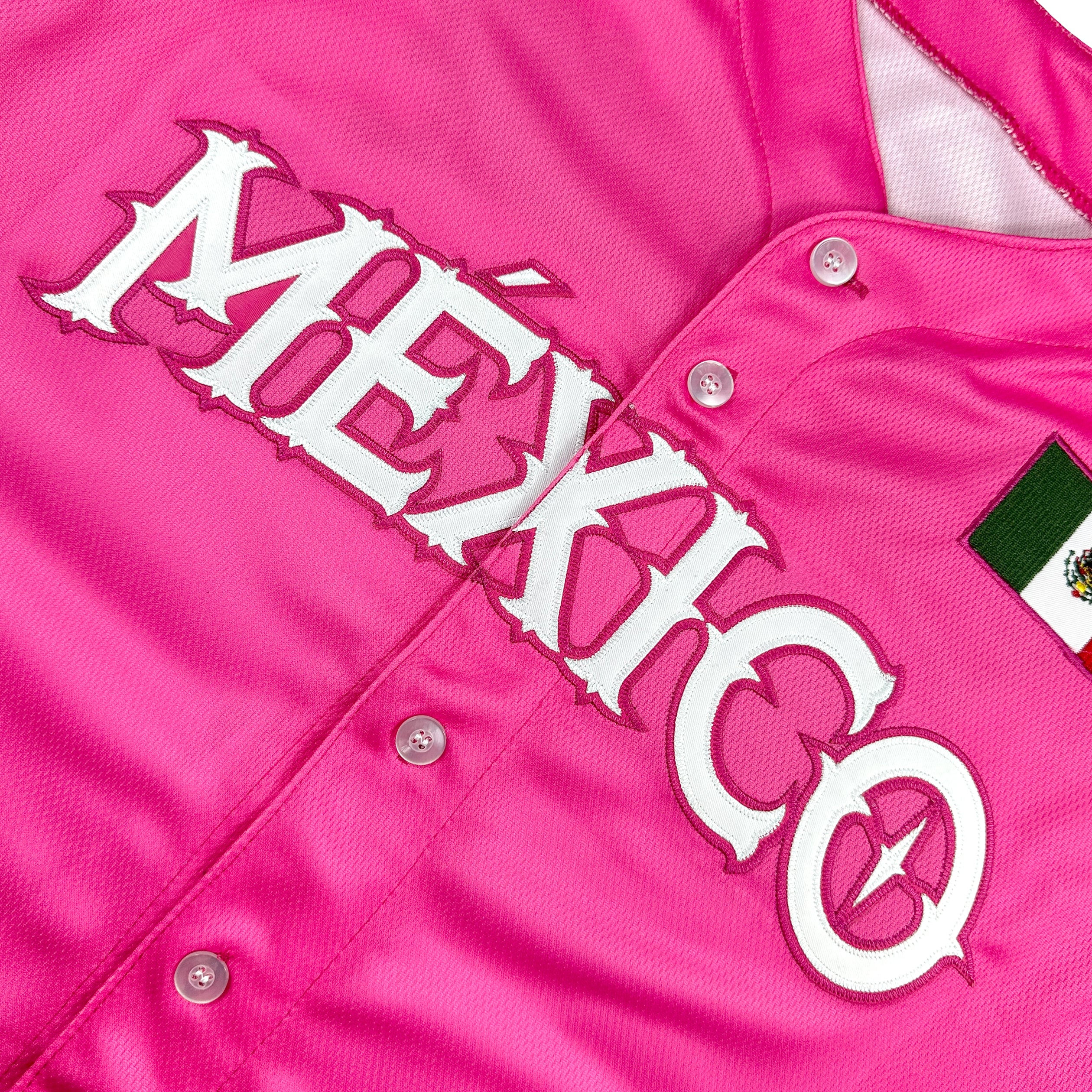 Mexico Heritage Custom Pink Baseball Jersey Embroidered Closeup Front