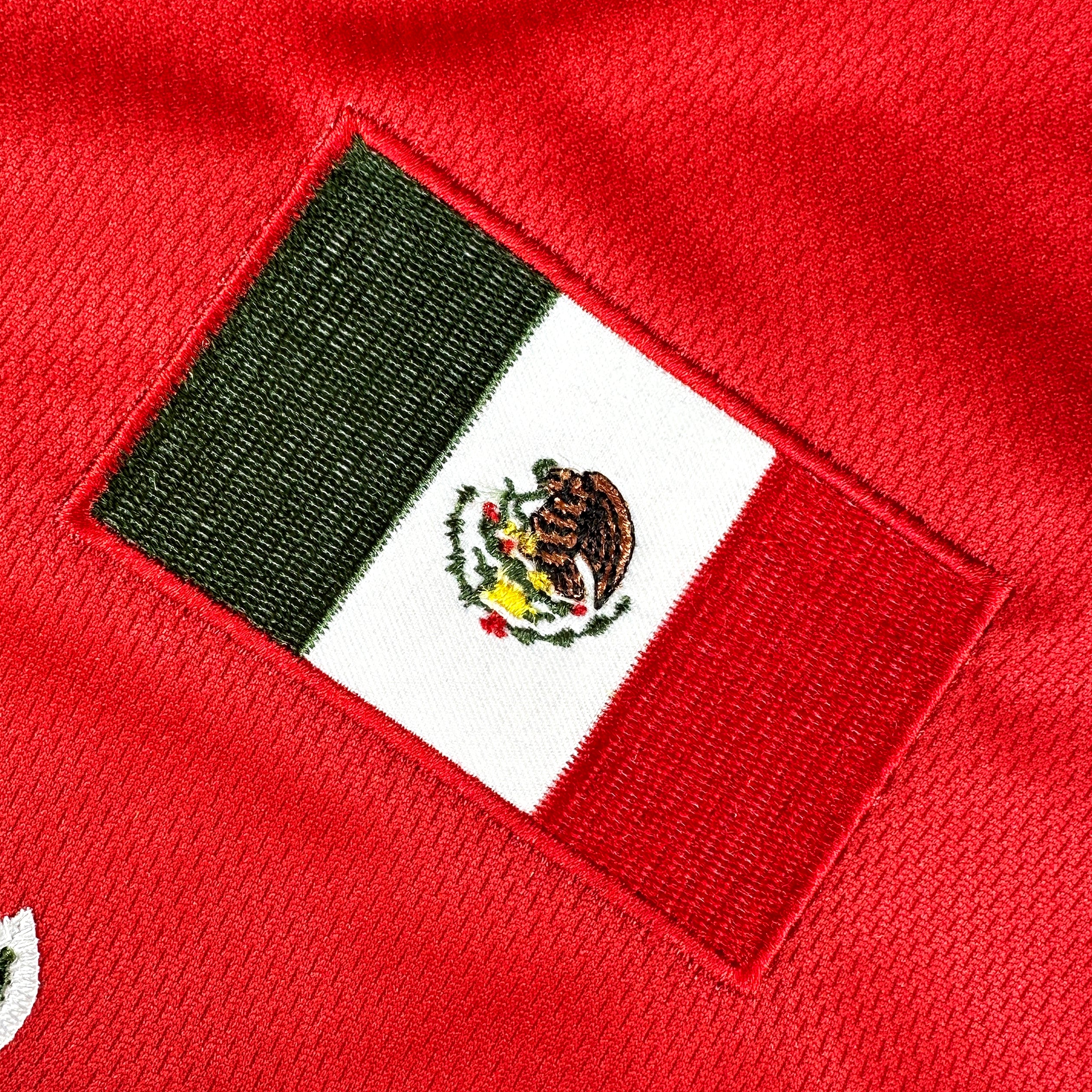 Mexico Heritage Custom Red Baseball Jersey Embroidered Flag Closeup