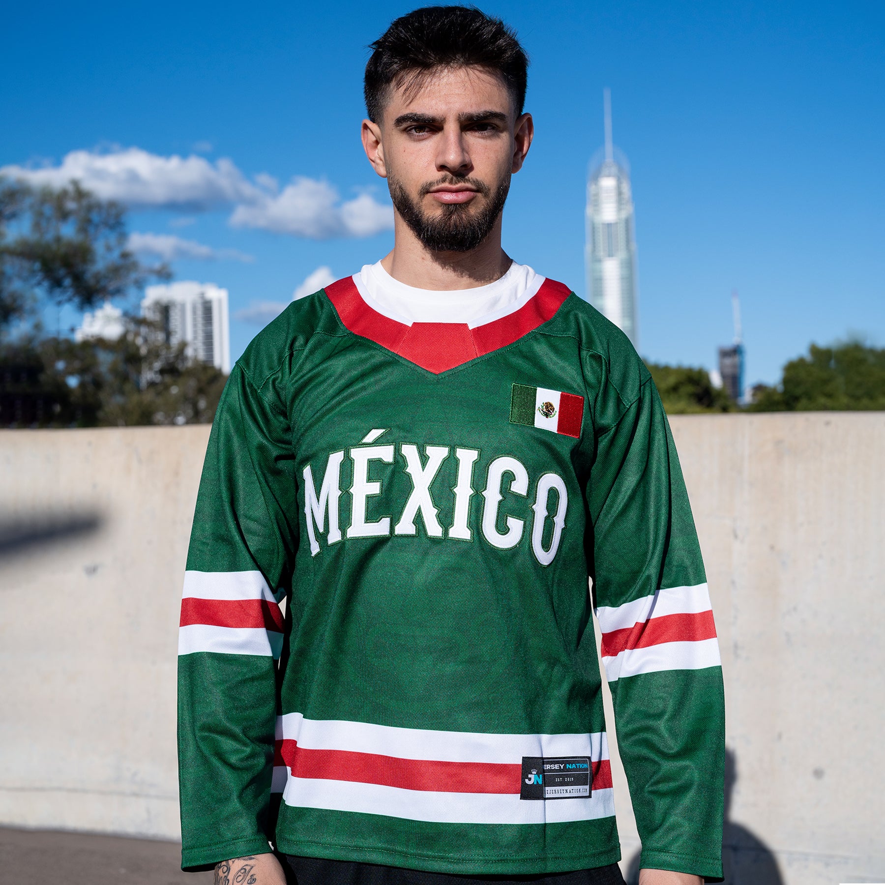 Mexico Heritage Green Custom Hockey Jersey Closeup Front
