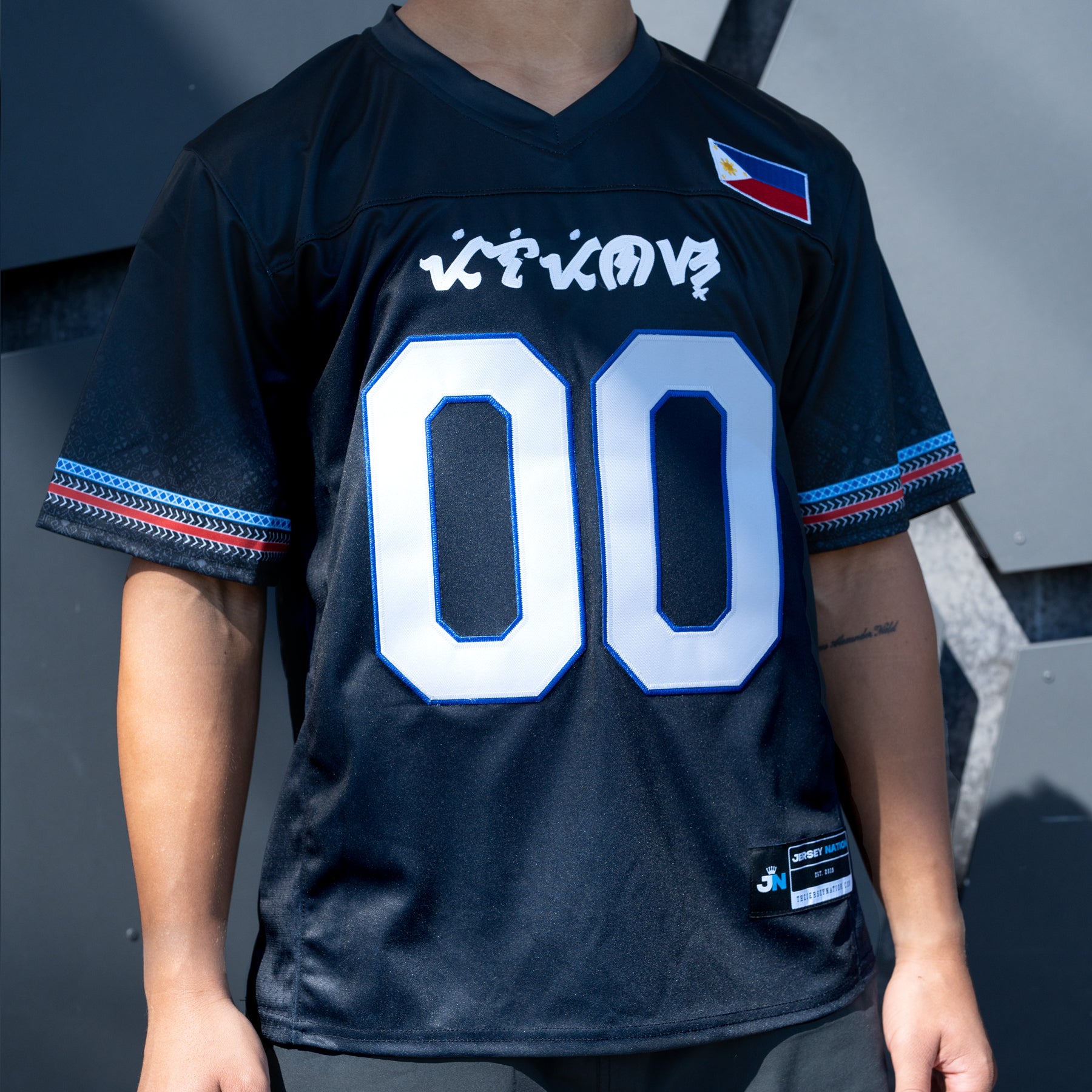 Philippines Heritage Black Custom American Football Jersey Model Styling Front Closeups