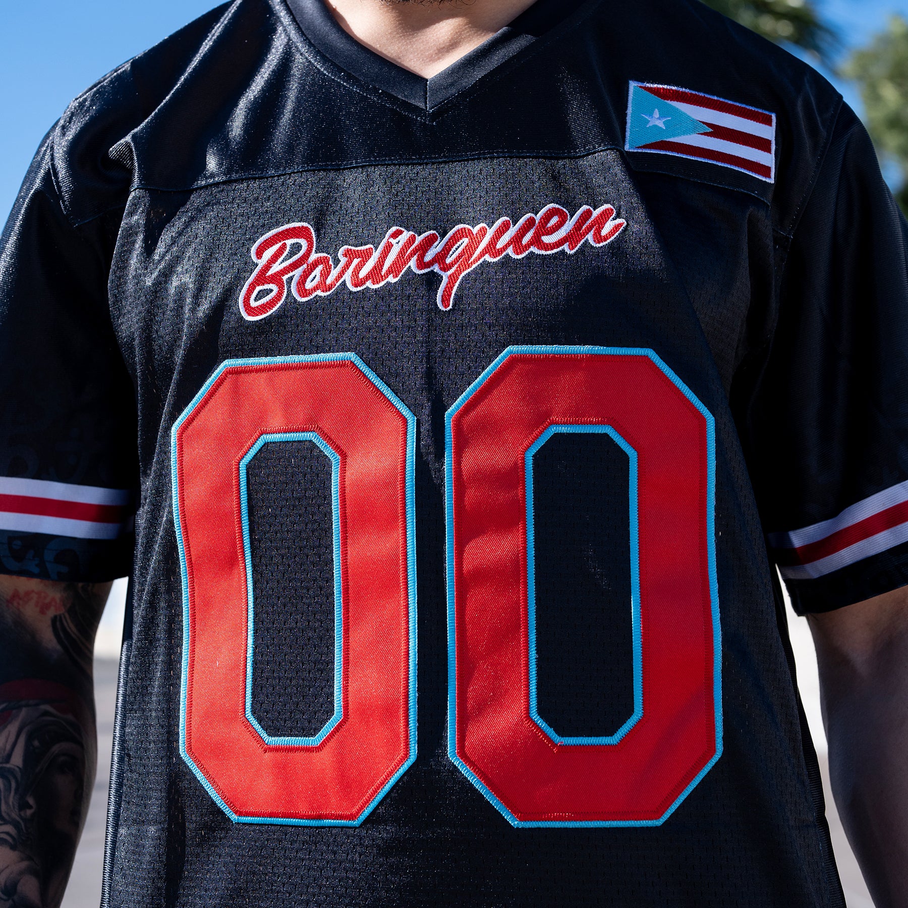 Puerto Rico Azul Celeste Black Heritage Custom American Football Jersey Closeup