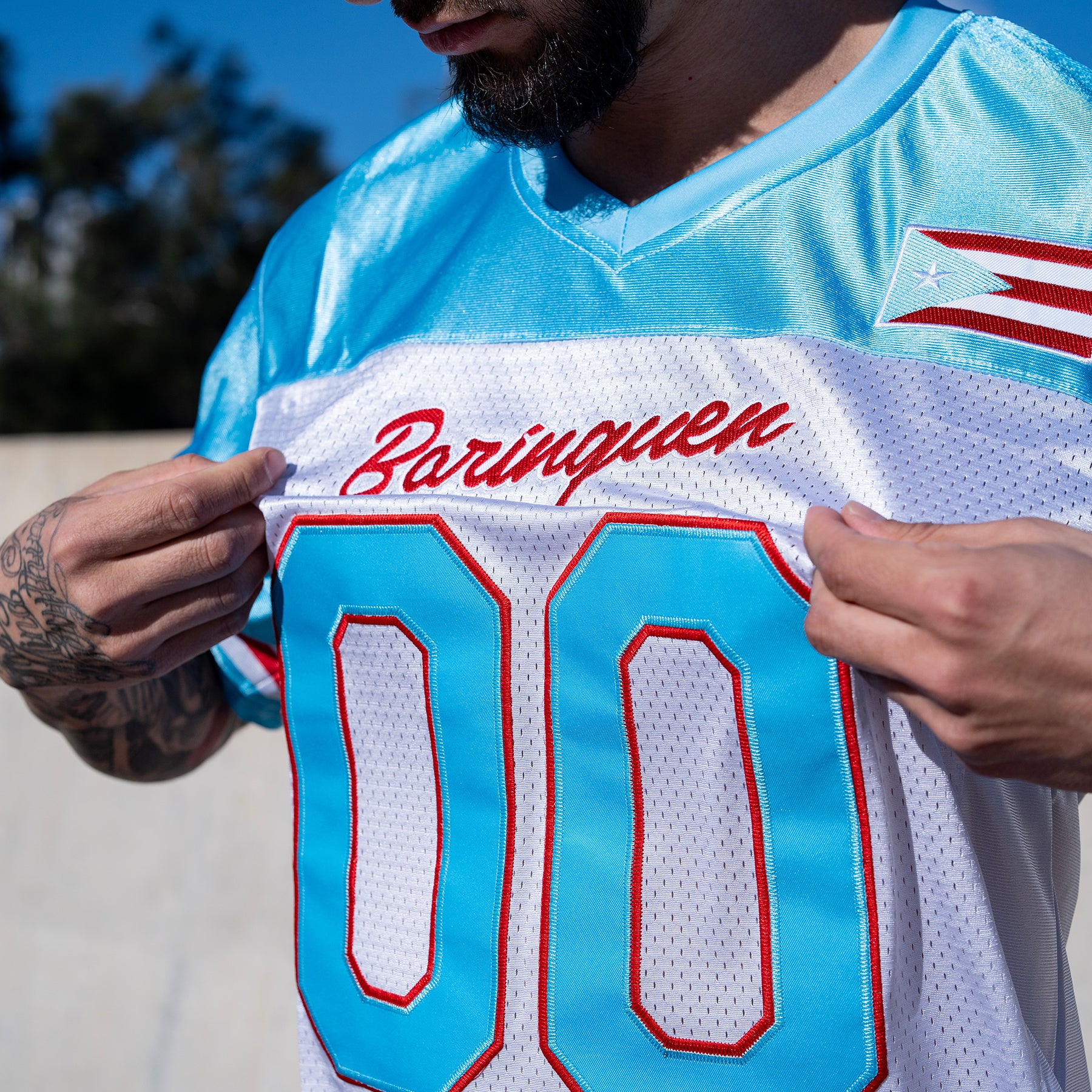 Puerto Rico Azul Celeste Heritage Custom American Football Jersey Closeup