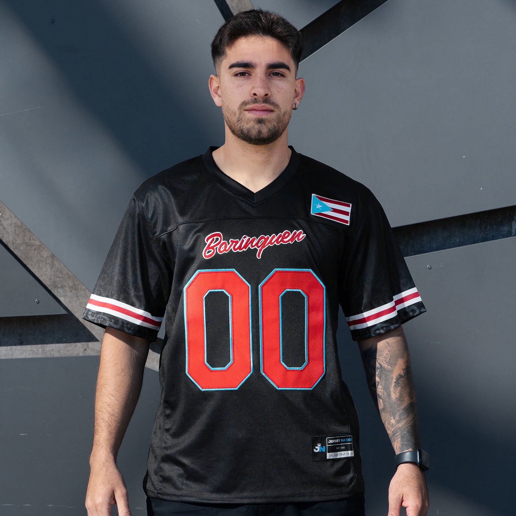 Puerto Rico Borinquen Heritage Azul Celeste Black Custom American Football Jersey Model