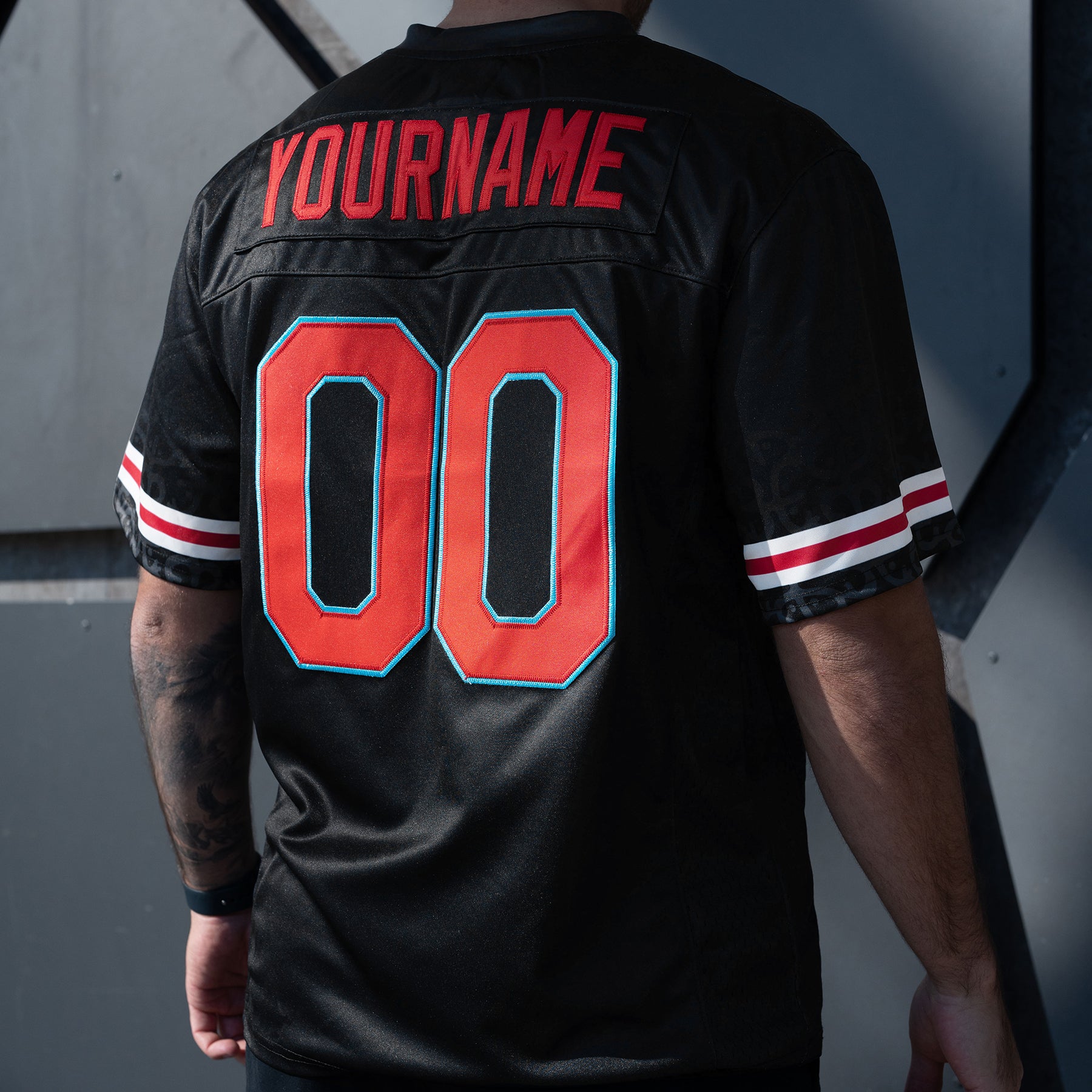 Puerto Rico Borinquen Heritage Azul Celeste Black Custom American Football Jersey Model Back Custom