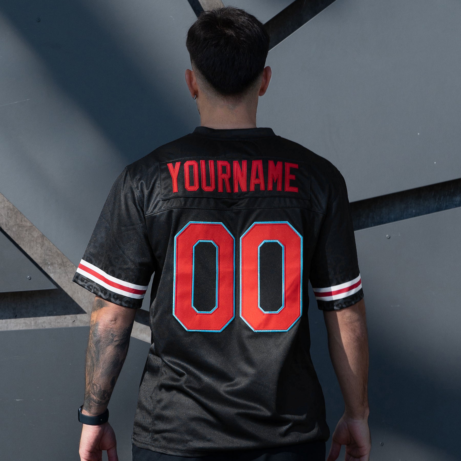 Puerto Rico Borinquen Heritage Azul Celeste Black Custom American Football Jersey Model Back Customized