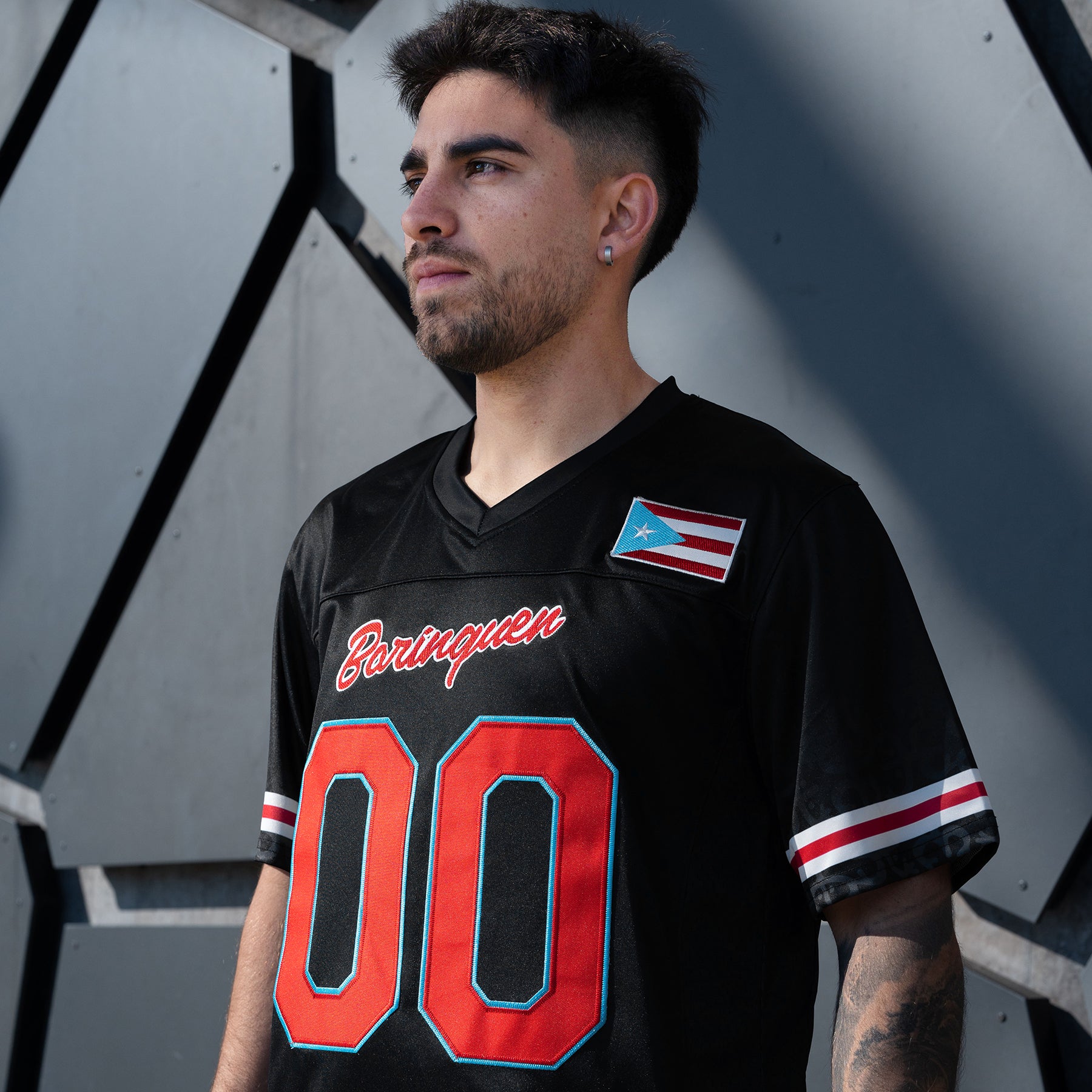 Puerto Rico Borinquen Heritage Azul Celeste Black Custom American Football Jersey Model Closeup