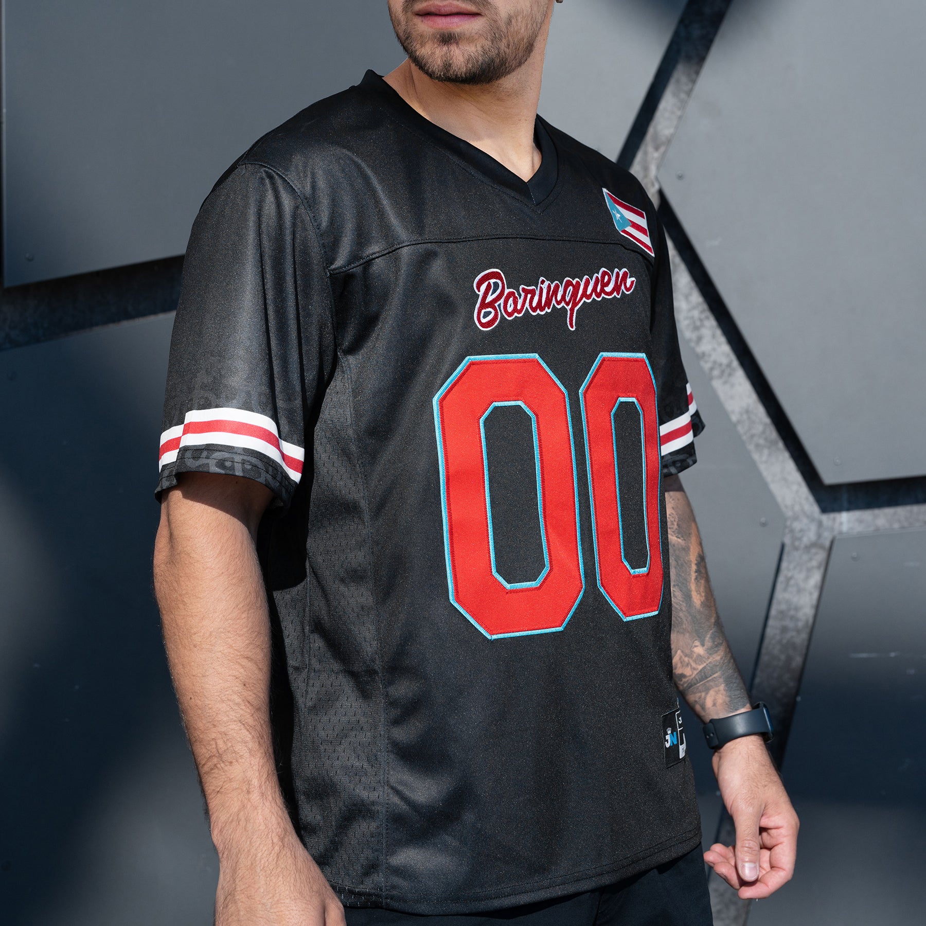 Puerto Rico Borinquen Heritage Azul Celeste Black Custom American Football Jersey Model Front