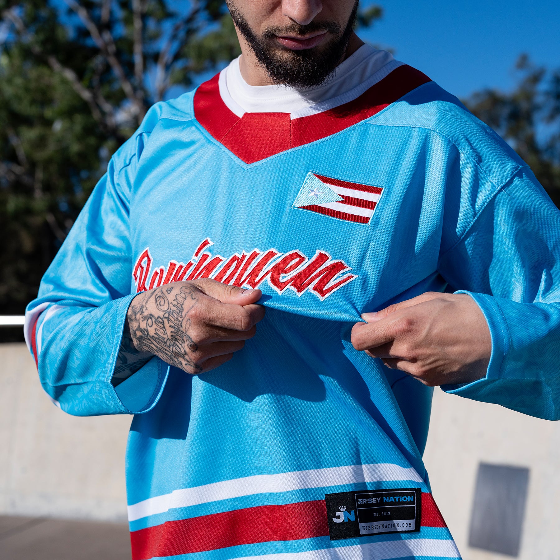Puerto Rico Borinquen Heritage Custom Hockey Jersey Azul Celeste Closeup