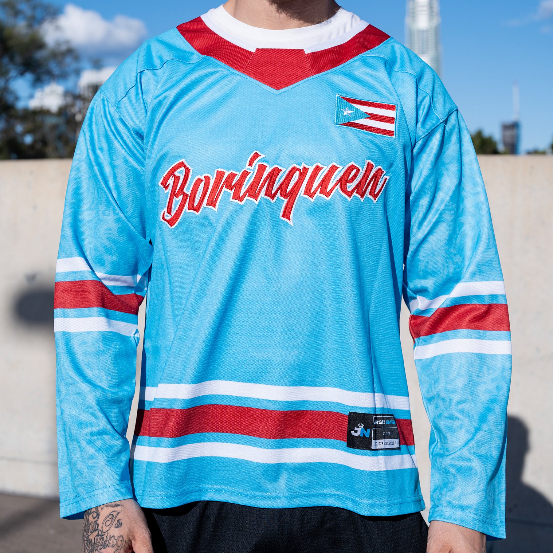 Puerto Rico Borinquen Heritage Custom Hockey Jersey Azul Celeste Closeups