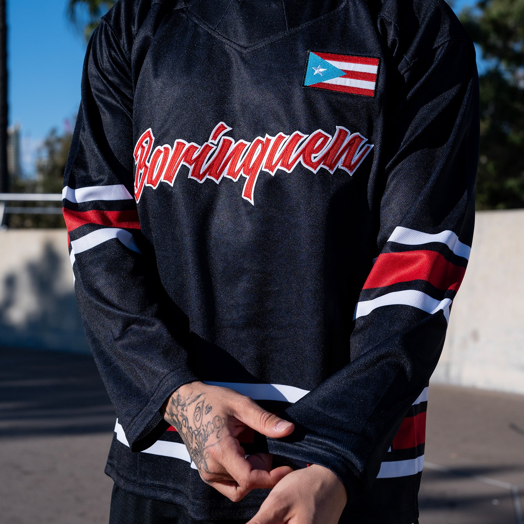 Puerto Rico Borinquen Heritage Custom Hockey Jersey Black Azul Celeste Closeup