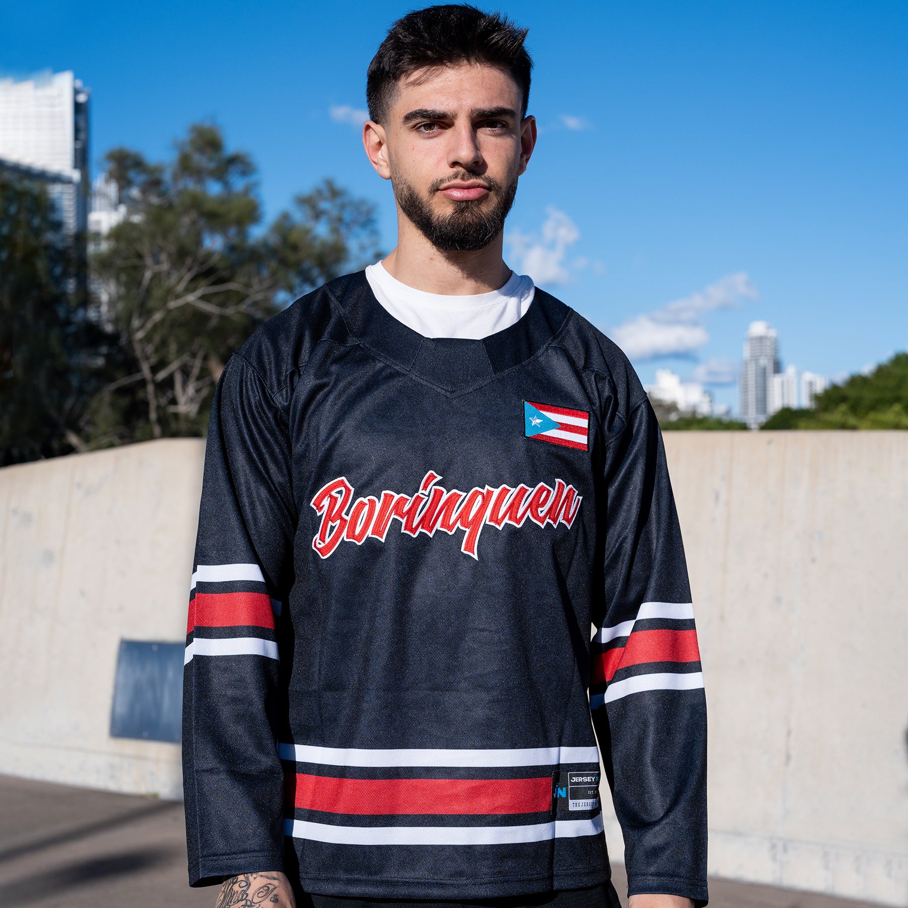 Puerto Rico Borinquen Heritage Custom Hockey Jersey Black Azul Celeste Stitched