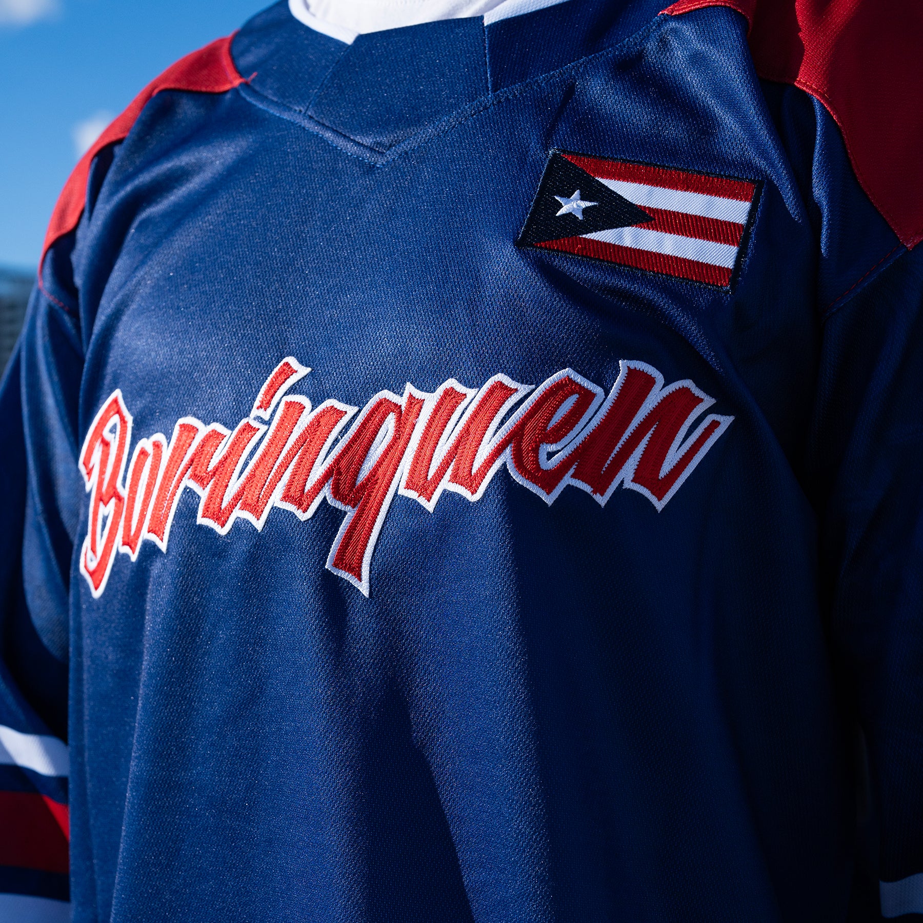 Puerto Rico Borinquen Heritage Custom Hockey Jersey Navy Blue Closeup
