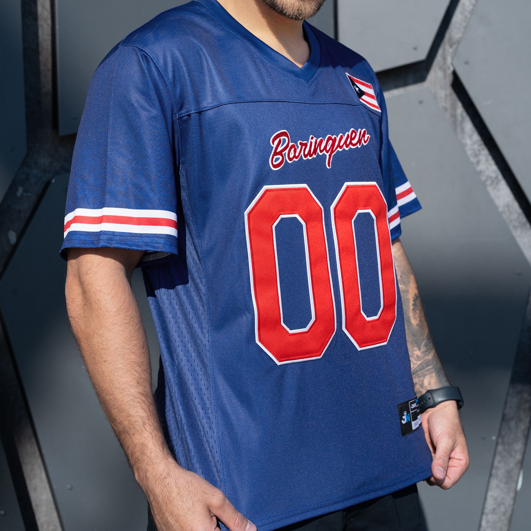 Puerto Rico Borinquen Heritage Navy Blue Custom American Football Jersey Model Closeup