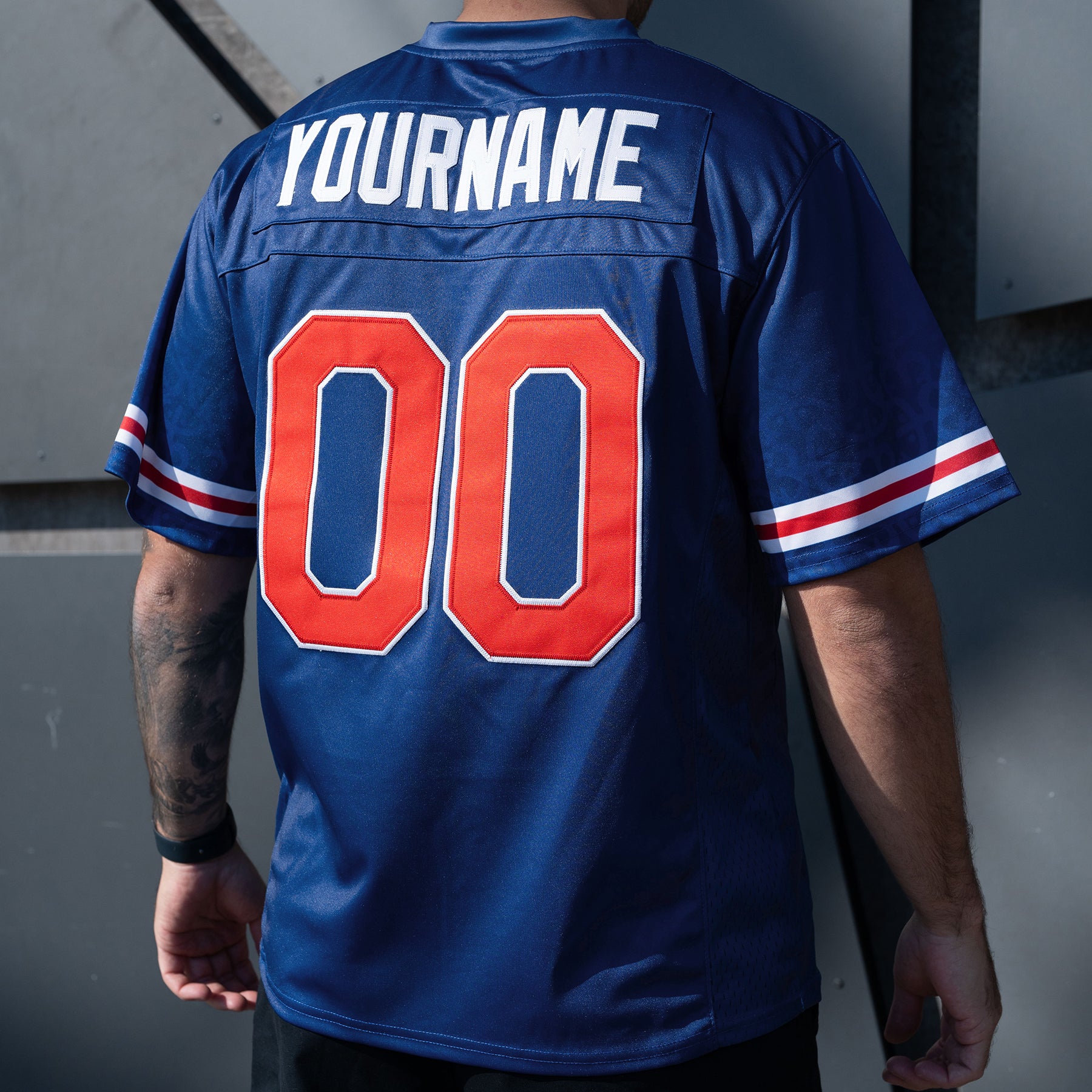 Puerto Rico Borinquen Heritage Navy Blue Custom American Football Jersey Model Closeup Back