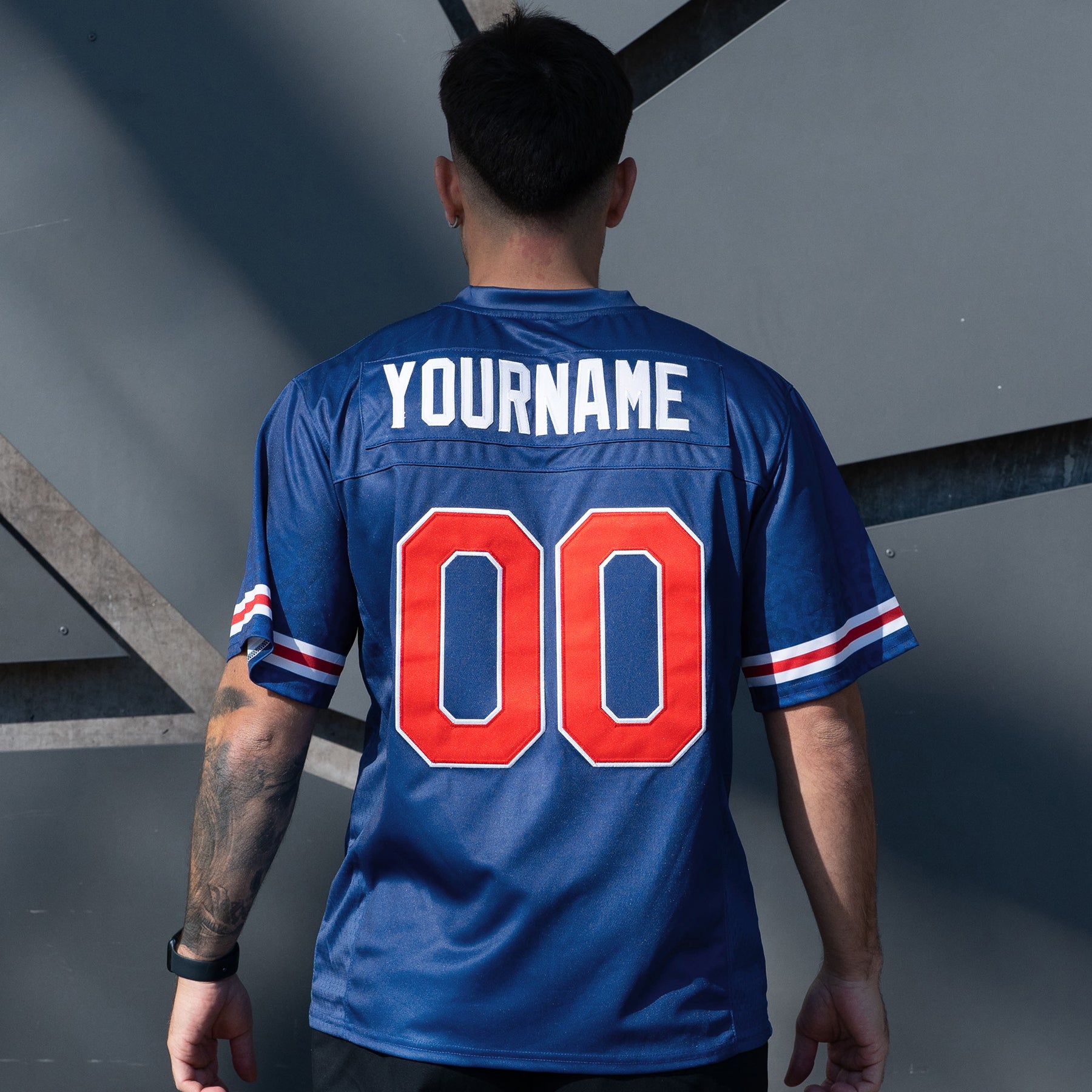 Puerto Rico Borinquen Heritage Navy Blue Custom American Football Jersey Model Closeup Back Customized