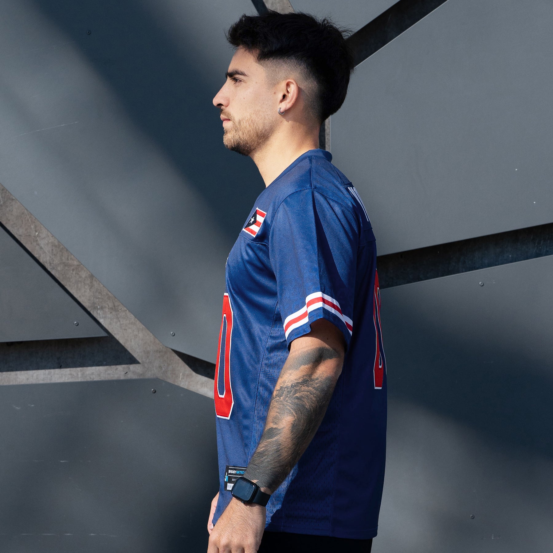 Puerto Rico Borinquen Heritage Navy Blue Custom American Football Jersey Model Closeup Sleeves