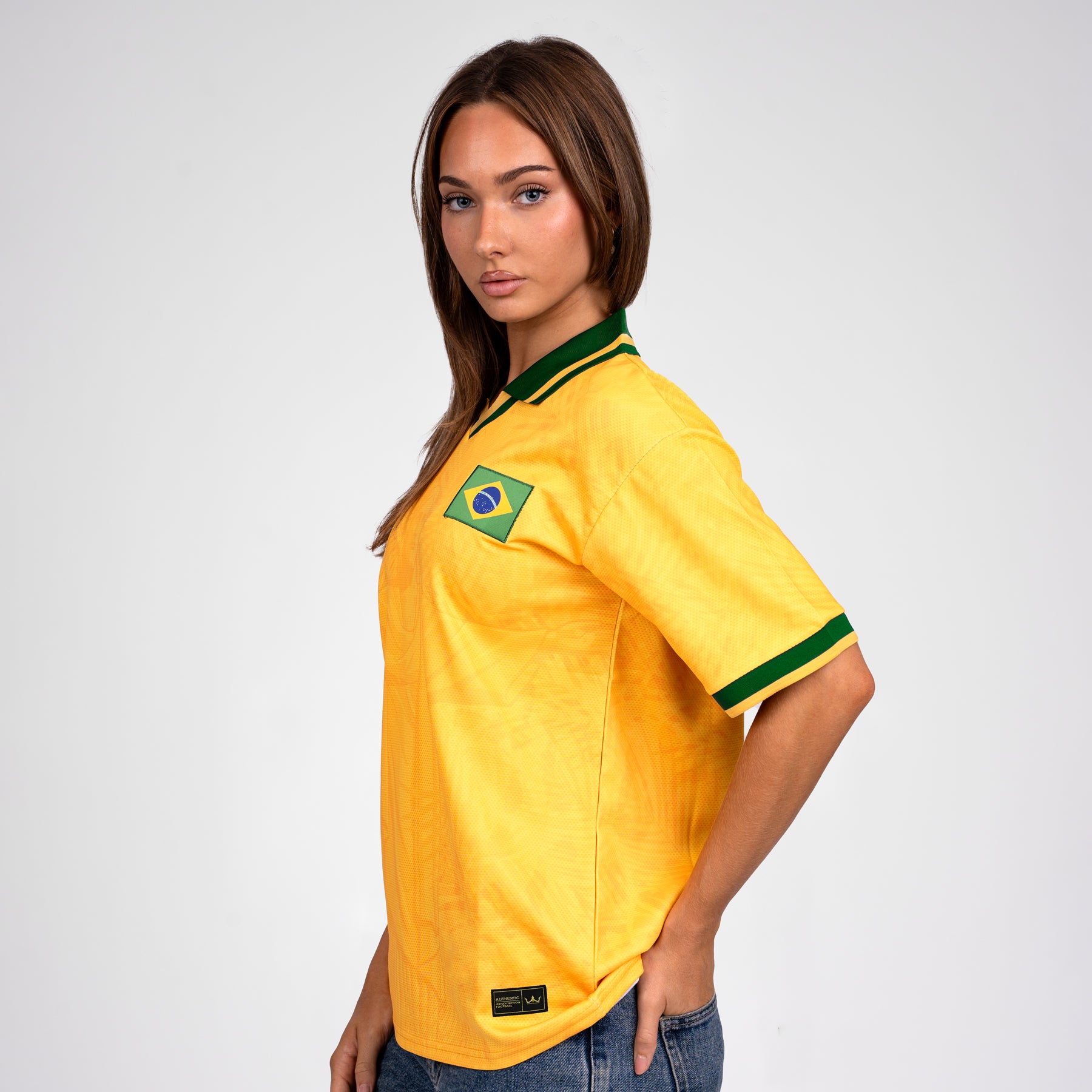 Brazil Heritage Retro Custom Yellow Football Jersey World Soccer Shirt Brasil Model Womens Side