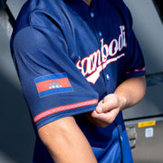 Cambodia 'Angkor Wat' Blue Baseball Jersey Custom Model Closeup Sleeves