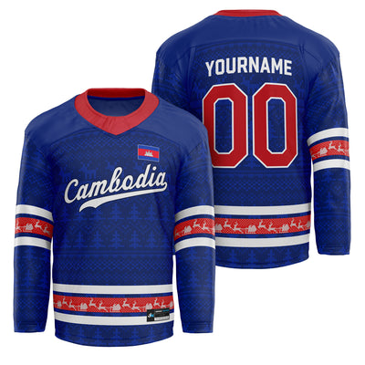 Cambodia Blue Christmas Custom Hockey Jersey Personalized Family Outfit Holidays