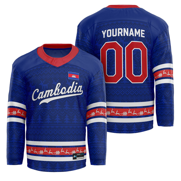 Cambodia Blue Christmas Custom Hockey Jersey Personalized Family Outfit Holidays