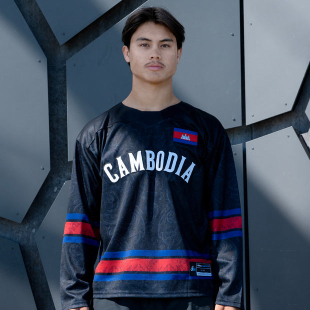 Cambodia Heritage Custom Black Hockey Jersey Embroidered Closeup Model