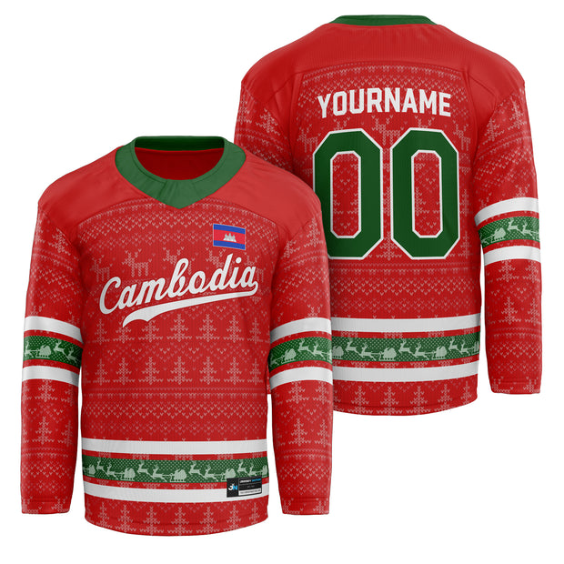 Cambodia Red Christmas Custom Hockey Jersey Personalized Family Outfit Holidays