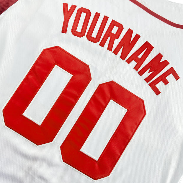 Canada Heritage Custom White Baseball Jersey Closeup Embroidered Back Customized