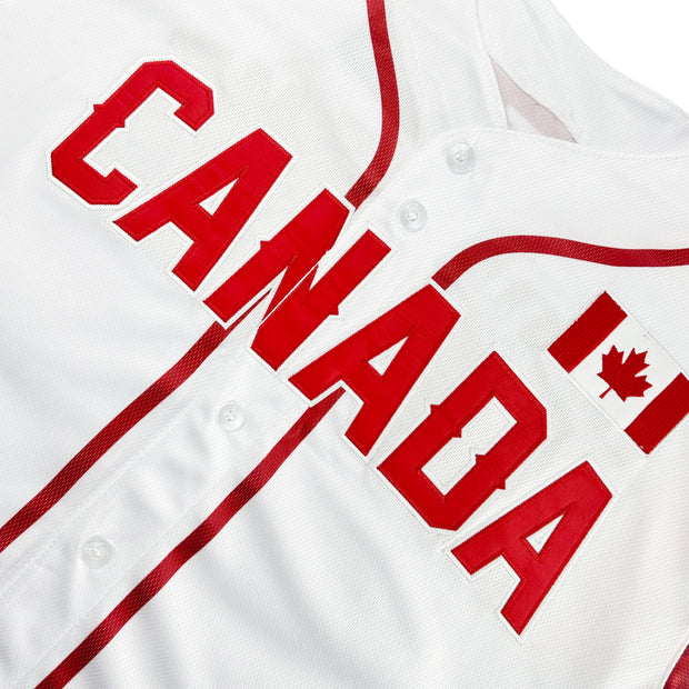 Canada Heritage Custom White Baseball Jersey Closeup Embroidered Front