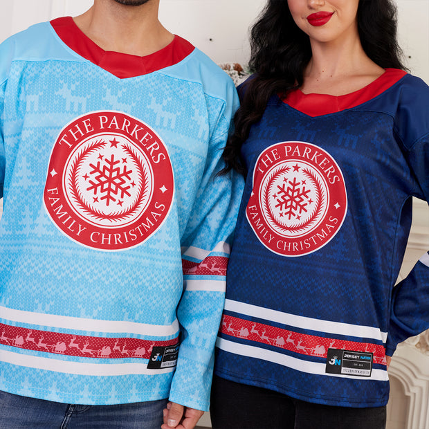Custom Family Christmas Sweater Blue personalized last name on front, custom name and number on back. holiday matching outfit Hockey Jersey Ugly Christmas Sweater Models Closeup