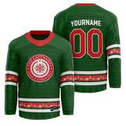 Custom Family Christmas Sweater in Green personalized last name on front, custom name and number on back. holiday matching outfit Hockey Jersey Ugly Christmas Sweater