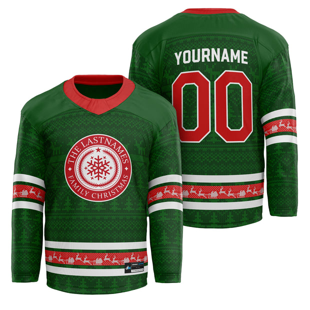 Custom Family Christmas Sweater in Green personalized last name on front, custom name and number on back. holiday matching outfit Hockey Jersey Ugly Christmas Sweater